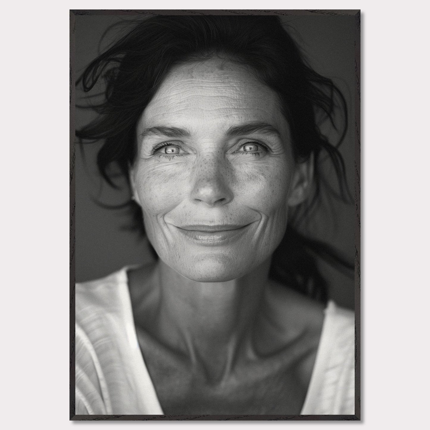 This black and white portrait captures the serene and confident expression of a woman with striking eyes and a gentle smile. The image highlights her natural beauty, emphasizing her freckles and the texture of her skin.