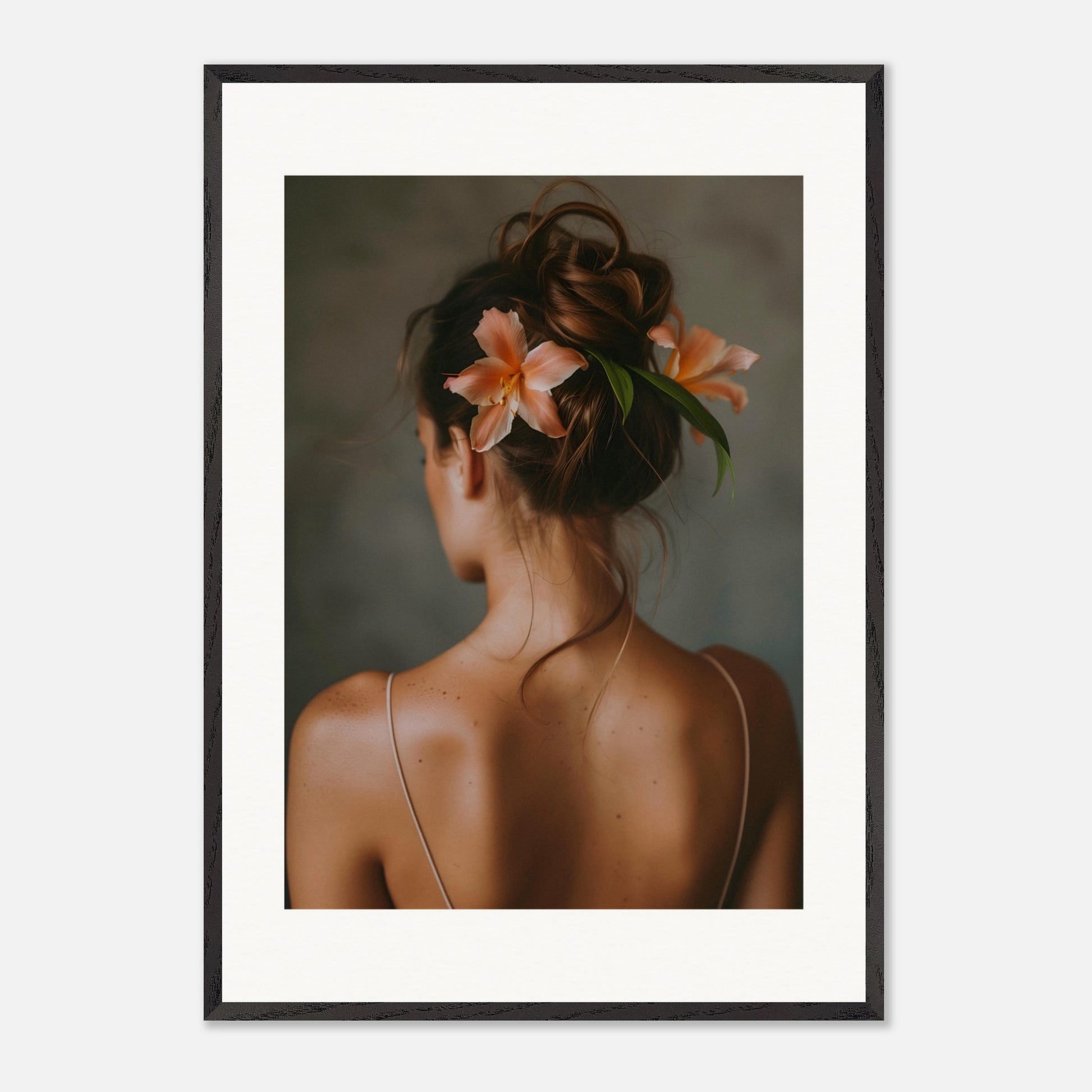 This illustration depicts a woman viewed from behind, with her hair styled in an elegant updo adorned with two peach-colored flowers and green leaves.

This poster would fit well in a bedroom, living room, or any space that benefits from a touch of elegance and natural beauty.