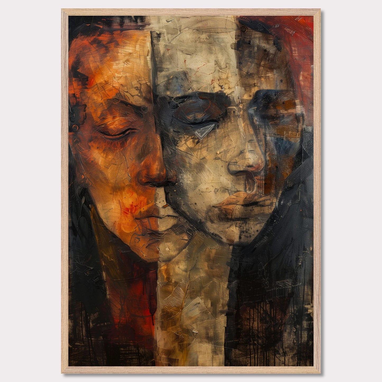 This captivating artwork features two abstract faces, blending seamlessly into one another. The painting is rich in texture and color, with a striking contrast between warm and cool tones. The faces appear to be in deep contemplation, evoking a sense of introspection and connection.