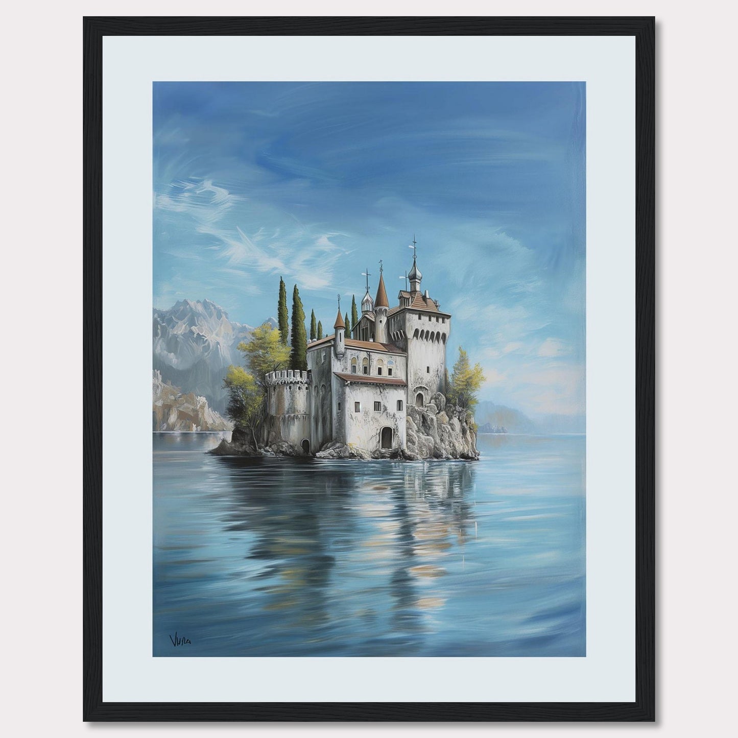 This stunning painting captures the serene beauty of a majestic castle perched on a small island, surrounded by calm waters. The scene is set against a backdrop of distant mountains and a clear blue sky, evoking a sense of tranquility and wonder.