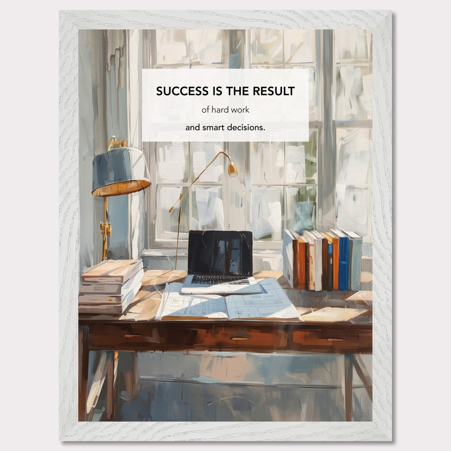 This inspiring poster showcases a serene and productive workspace bathed in natural light. The central message, "Success is the result of hard work and smart decisions," is prominently displayed.