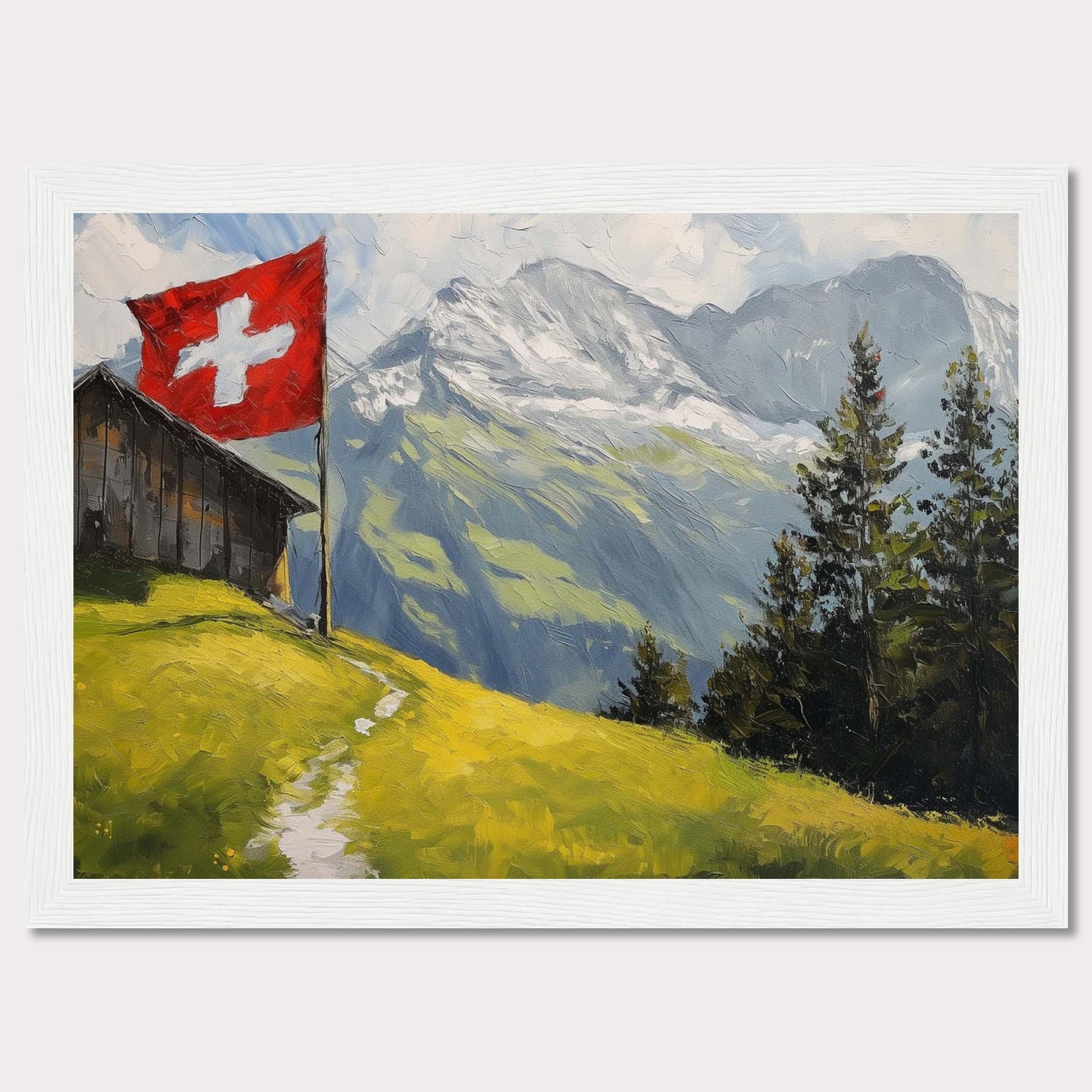 This stunning painting captures the serene beauty of a Swiss alpine landscape. A quaint wooden cabin is perched on a lush green hillside, with a vibrant Swiss flag fluttering proudly beside it. Majestic snow-capped mountains rise in the background, contrasting beautifully with the verdant foreground. Tall evergreen trees add depth and texture to the scene.