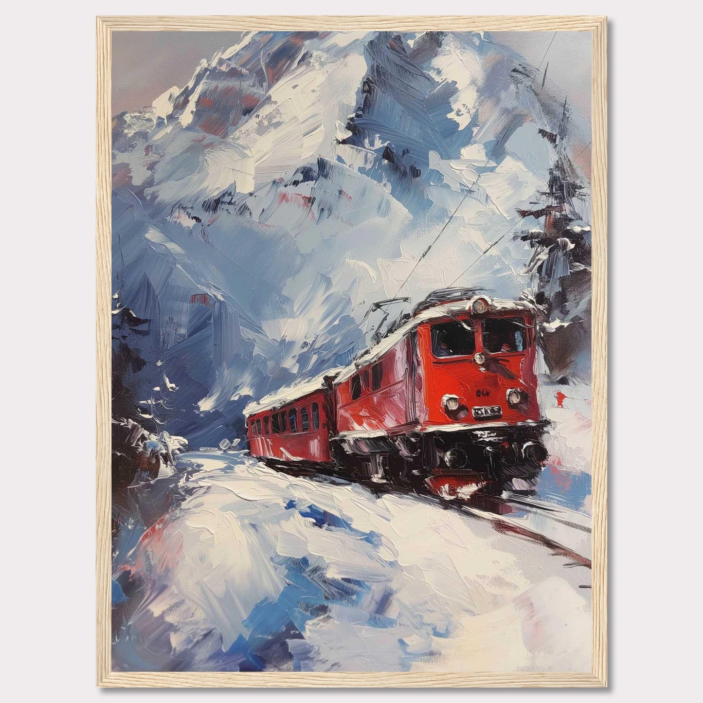 This stunning painting captures a vibrant red train journeying through a snowy mountain landscape. The dynamic brushstrokes convey the movement and energy of the scene, while the towering snow-covered peaks create a breathtaking backdrop.