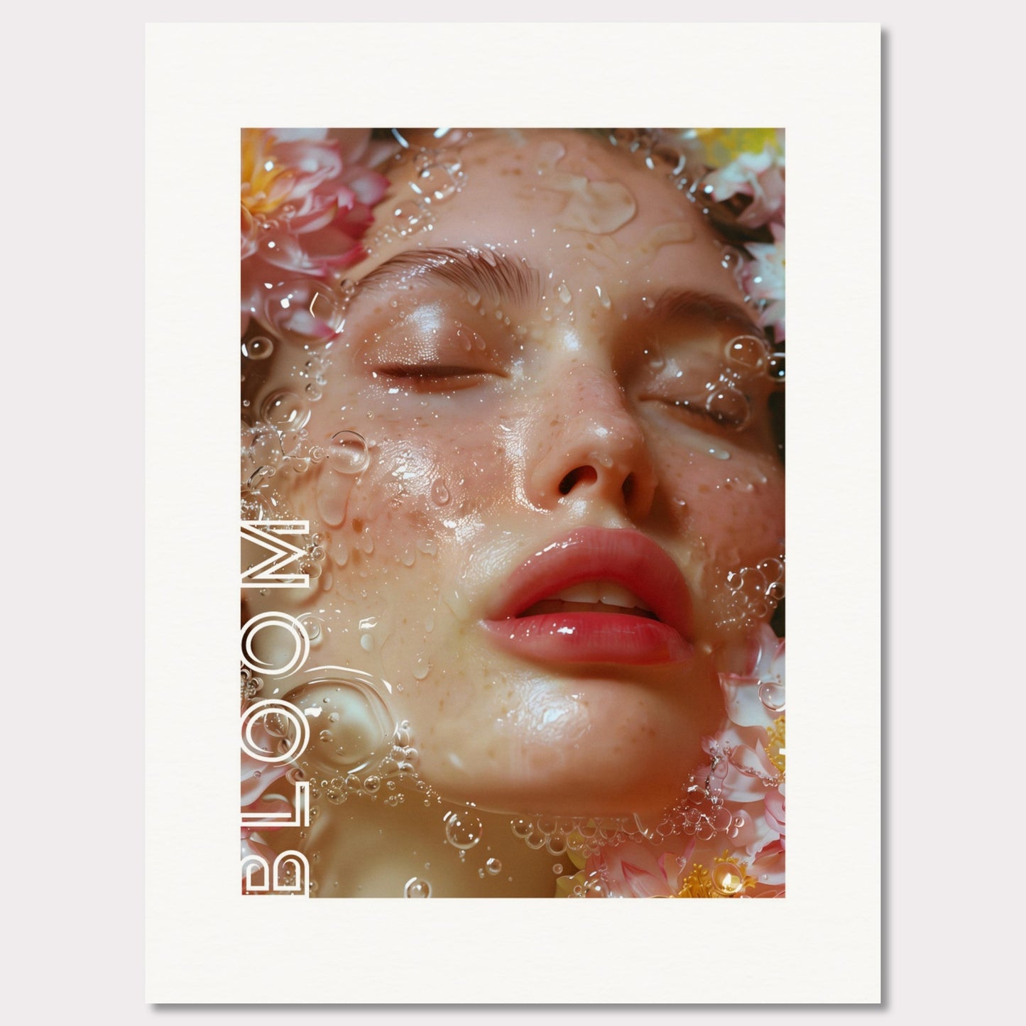 This illustration features a close-up of a serene face with closed eyes, surrounded by water droplets and flowers. The word "BLOOM" is prominently displayed along the left side.

Where this poster will fit: This poster would be ideal for a bedroom, living room, or beauty salon.