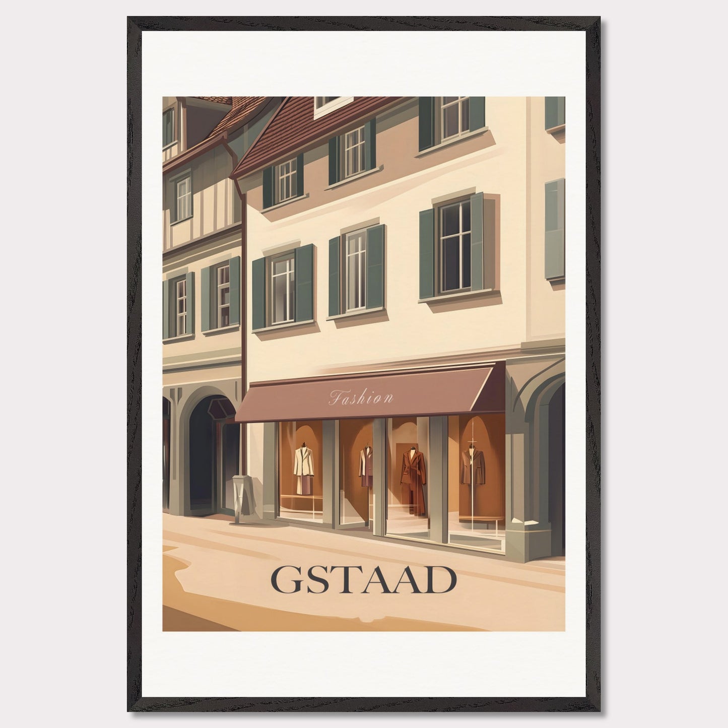 A stylish poster capturing the elegant shopping experience in Gstaad. The charming streets lined with high-end boutiques create an atmosphere of exclusivity and sophistication.