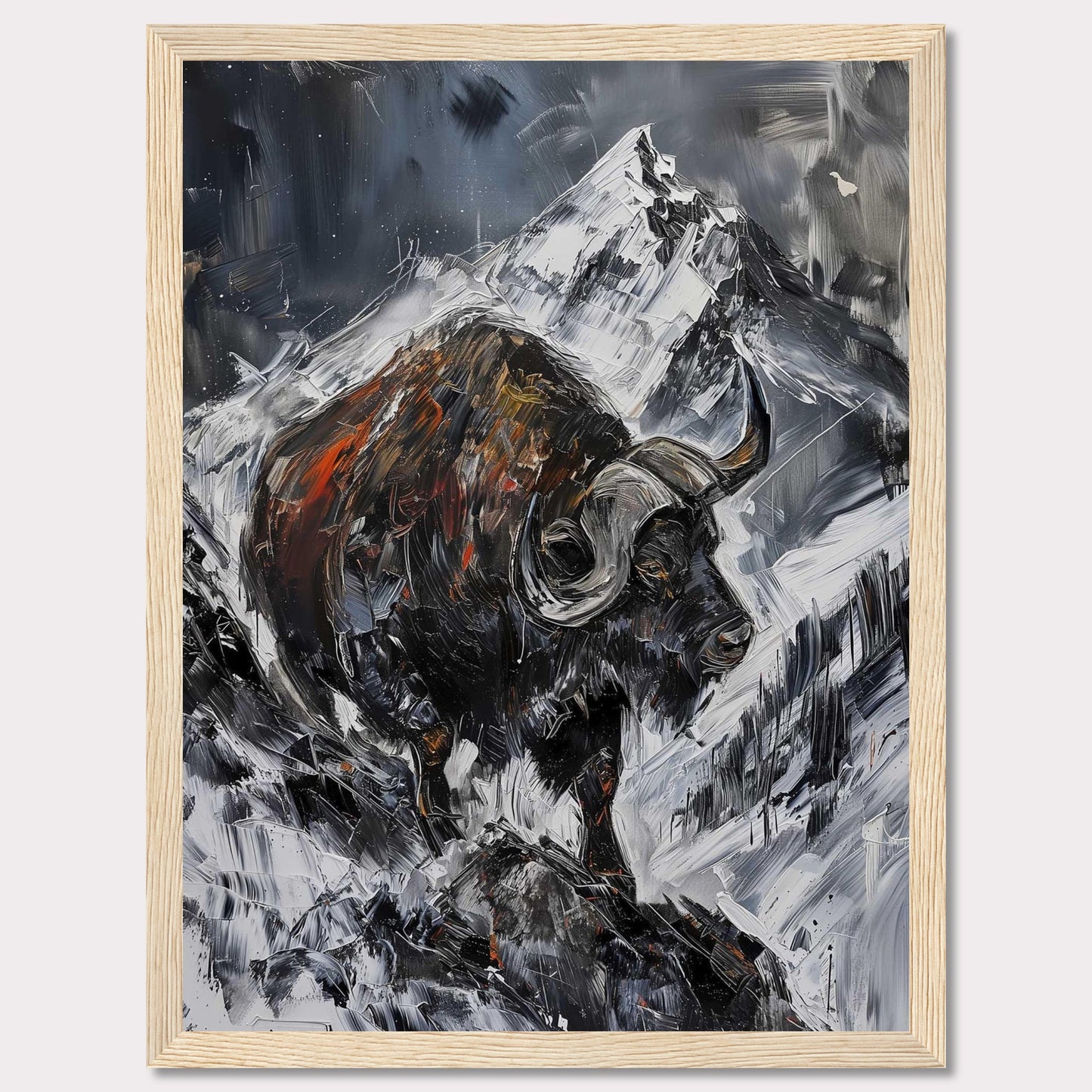 This striking painting captures the raw power of a buffalo against a dramatic mountainous backdrop. The bold brushstrokes and intense colors create a sense of movement and energy.