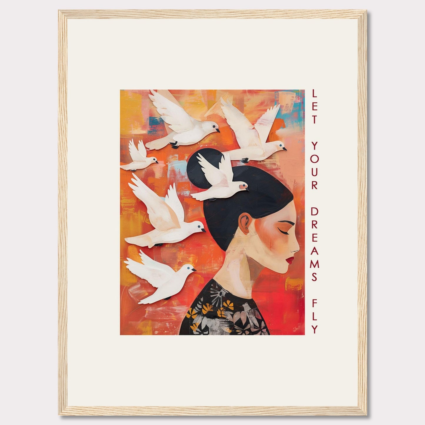 This vibrant artwork features a serene woman with her eyes closed, surrounded by white doves flying against a colorful background. The words "Let Your Dreams Fly" are written vertically along the right side, inspiring viewers to pursue their aspirations.