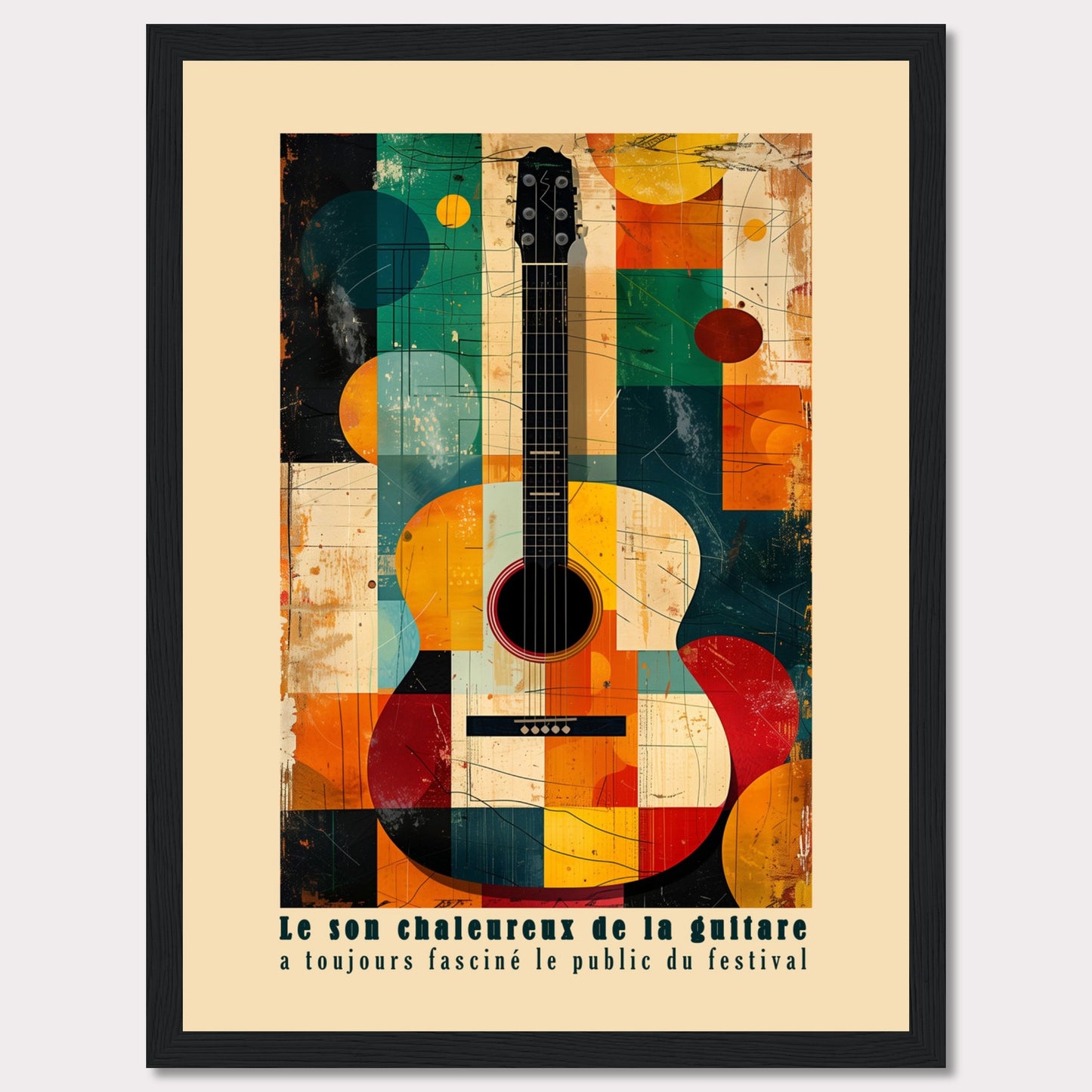 This vibrant artwork features an abstract depiction of an acoustic guitar, blending geometric shapes and bold colors. The French text at the bottom reads, "Le son chaleureux de la guitare a toujours fasciné le public du festival," which translates to "The warm sound of the guitar has always fascinated the festival audience."