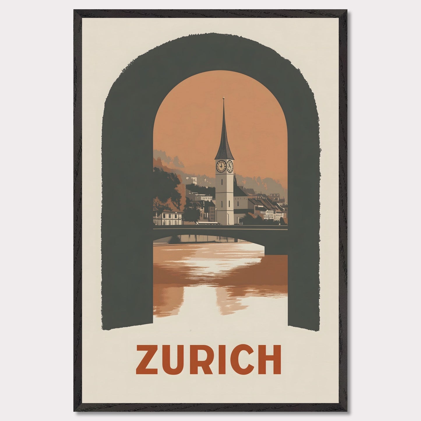 A sophisticated poster featuring Zurich’s historic clock tower, framed through an arched window. The blend of soft tones and bold composition creates a striking visual balance.