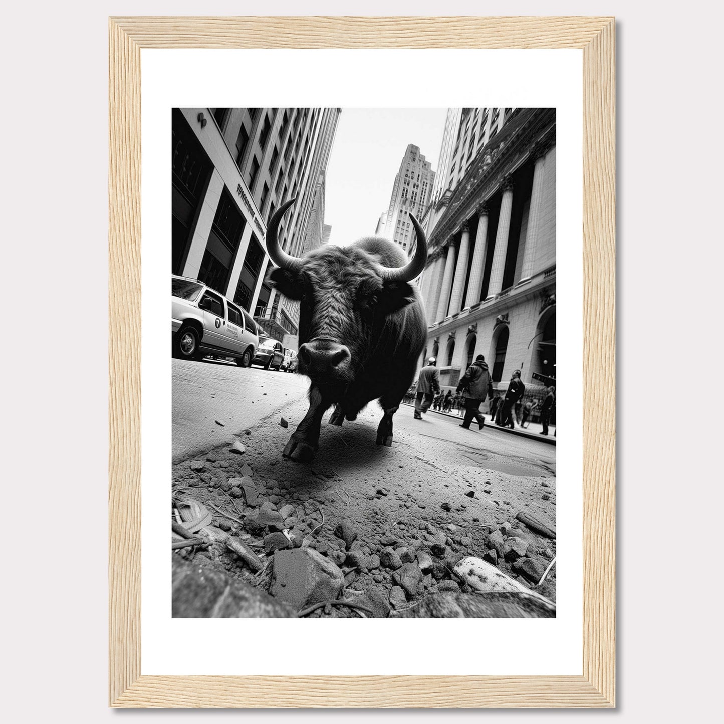 This striking black-and-white photograph captures a powerful bull striding confidently down a bustling city street. The image juxtaposes the raw strength of the bull against the backdrop of towering skyscrapers and busy pedestrians, creating a dramatic and thought-provoking scene.