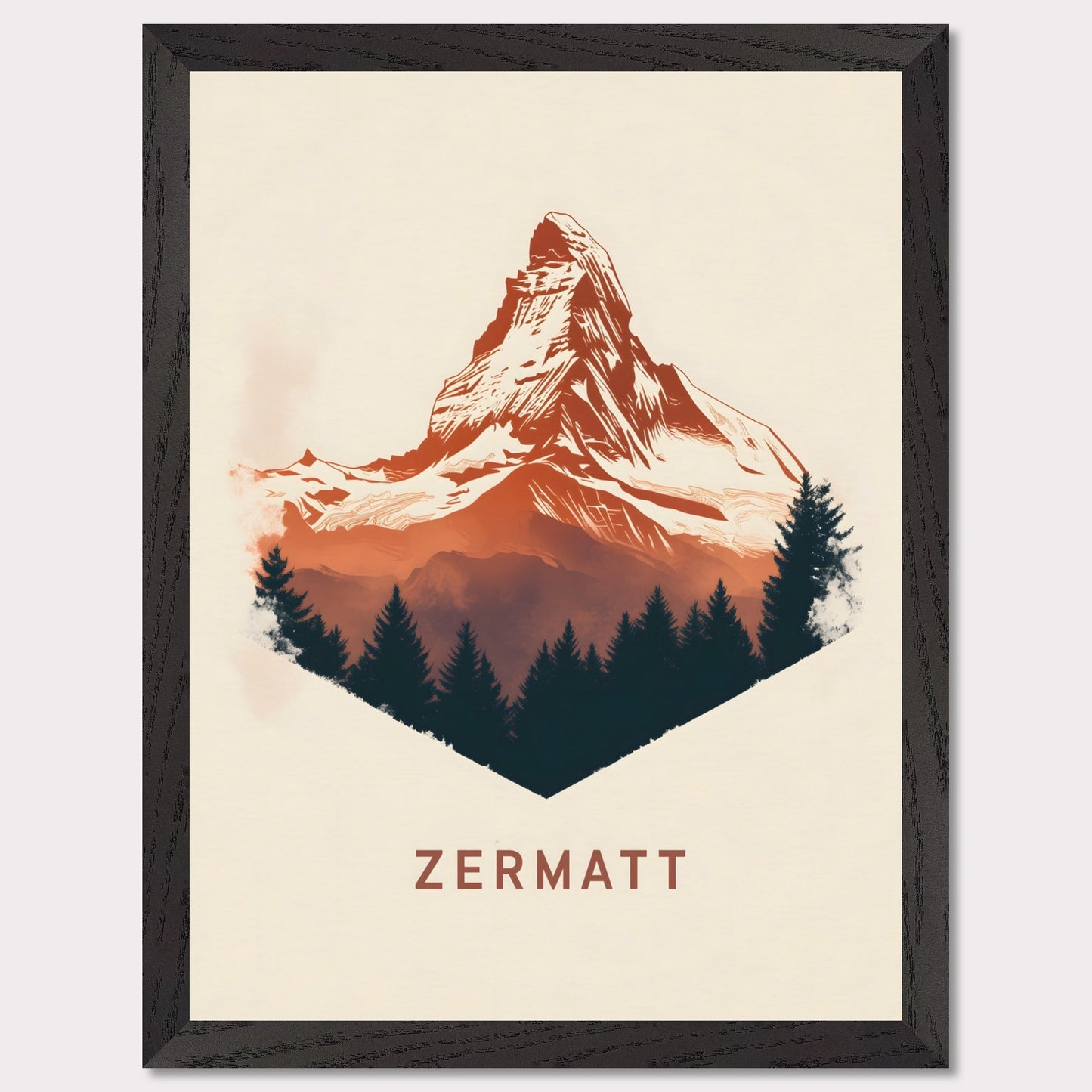 A scenic poster showcasing the breathtaking beauty of Zermatt’s Matterhorn. The rich, painterly textures and natural color palette evoke the serene yet powerful presence of the Alps.