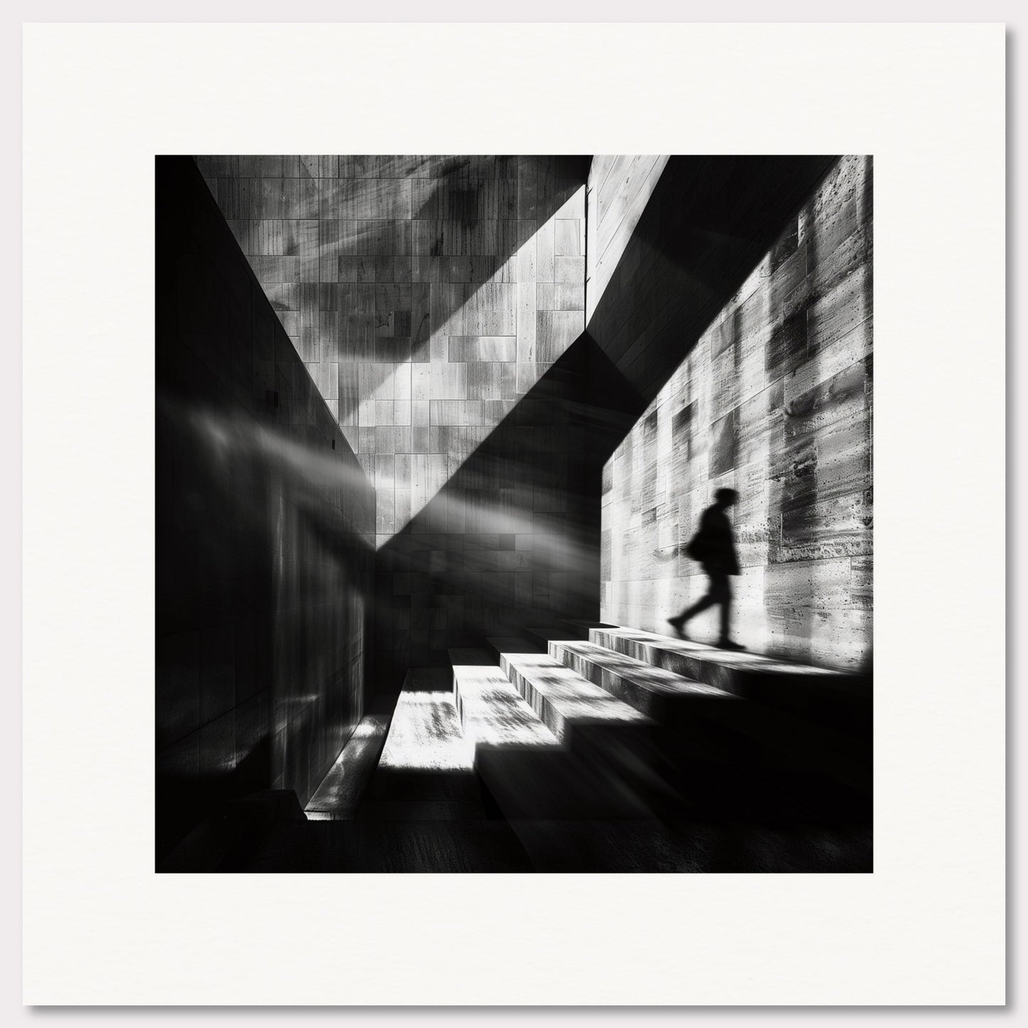 907e04d2-0This striking black and white photograph captures a solitary figure ascending a staircase bathed in dramatic light and shadows. The geometric patterns and stark contrasts create a sense of mystery and introspection.92f-46cb-8cc8-1580947a980a