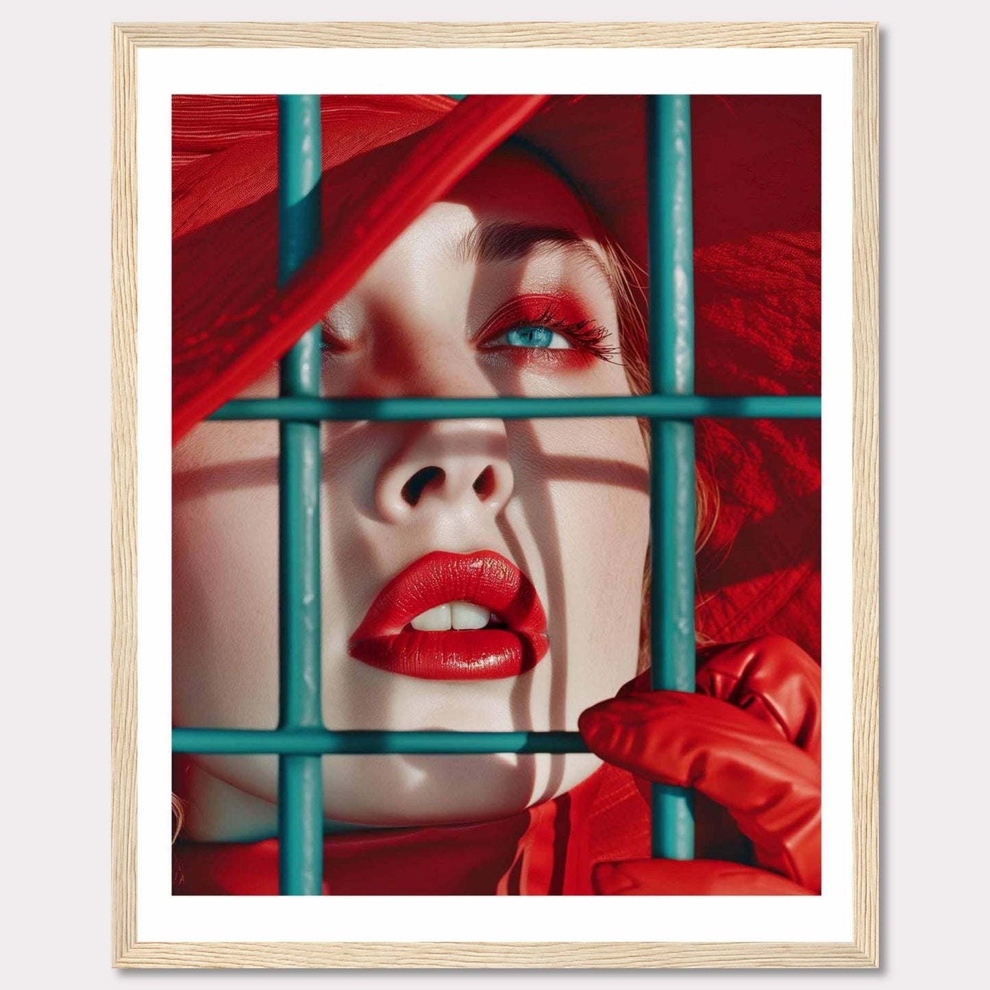 This striking portrait captures a close-up of a woman's face, emphasizing her vibrant red lips and eye makeup. She is framed behind teal bars, adding a sense of intrigue and contrast to the image. The vivid red hat and gloves complement her makeup, creating a bold and captivating visual. This artwork evokes a sense of mystery and allure.