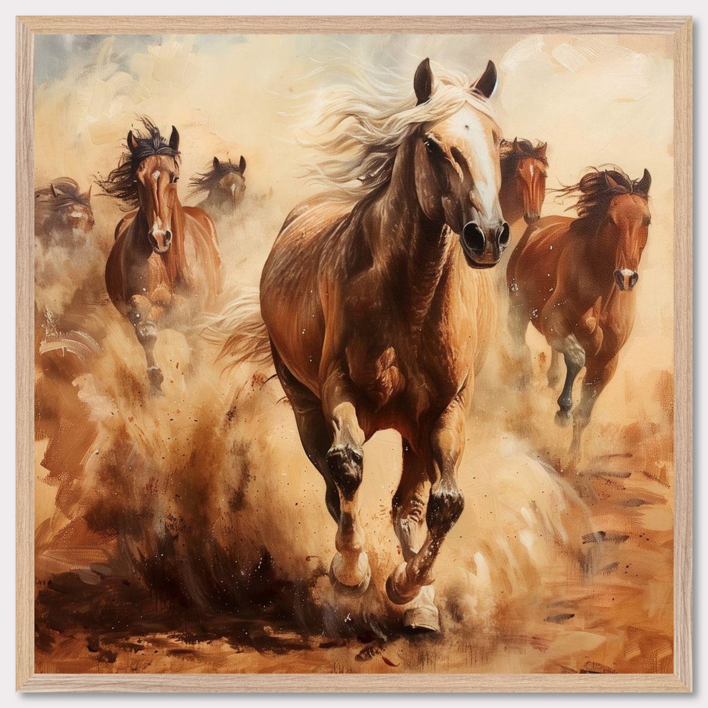 This captivating painting showcases a herd of wild horses galloping through a dusty landscape. The dynamic movement and powerful energy of the horses are vividly captured, evoking a sense of freedom and untamed spirit.