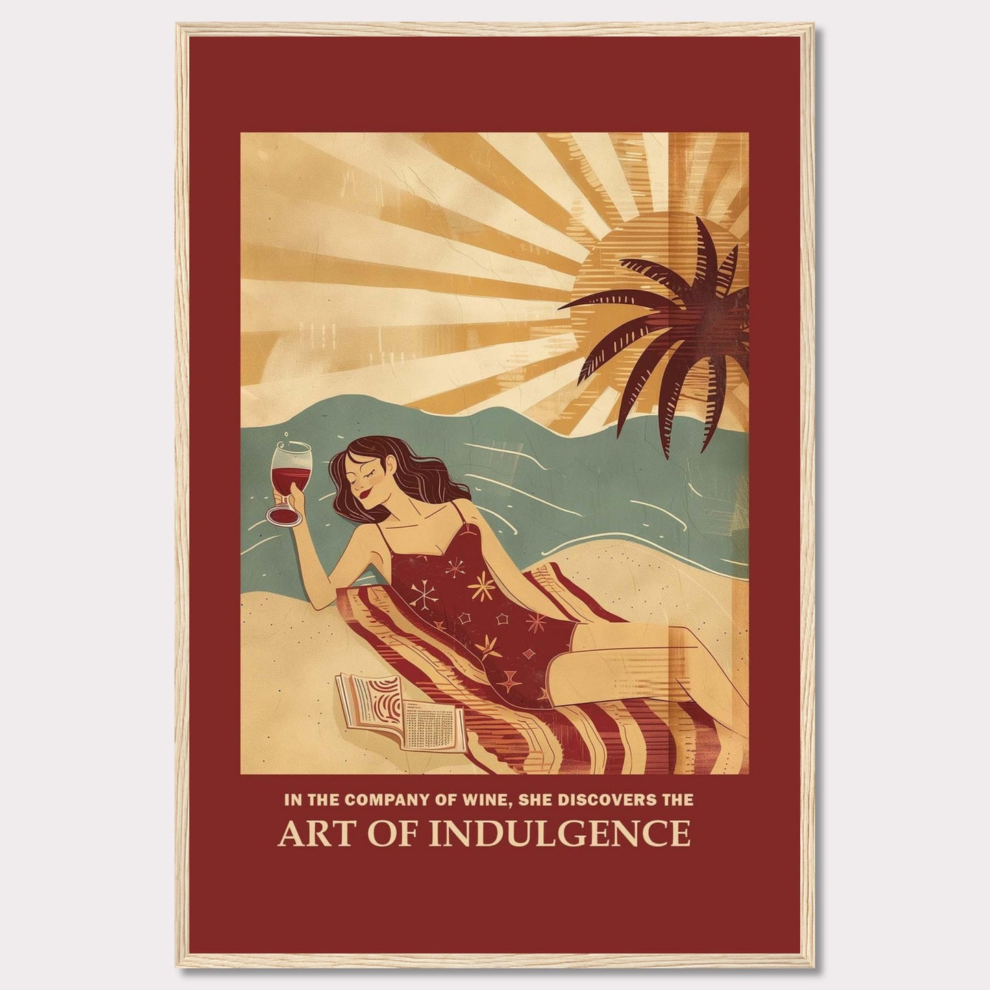 This vibrant poster features a woman relaxing on a beach with a glass of wine. The sun is setting behind a palm tree, casting warm rays over the scene. She is lying on a striped blanket with an open book beside her, embodying a moment of pure relaxation and indulgence.