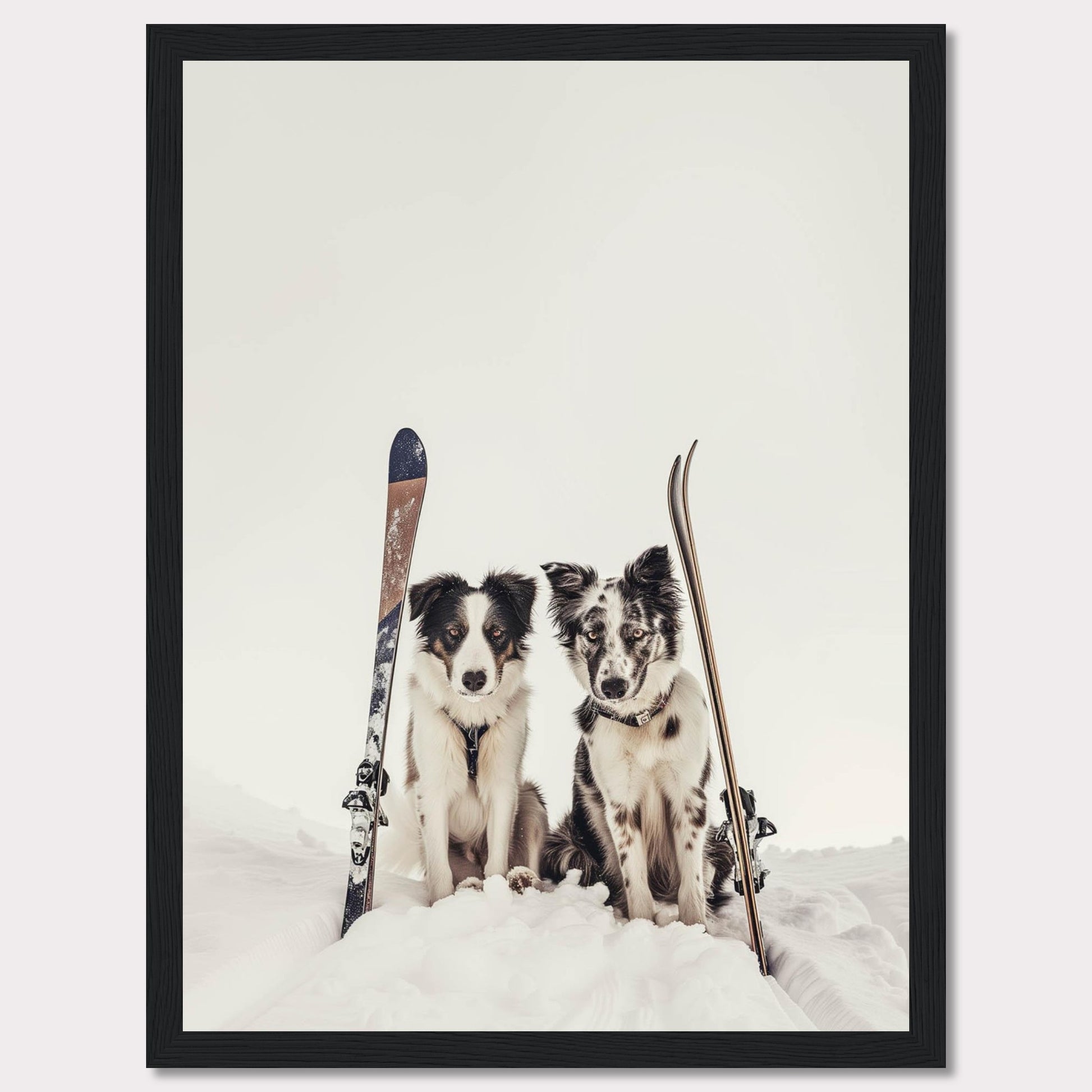 This charming photo captures two adorable dogs sitting in the snow with skis beside them, evoking a sense of adventure and playfulness. The scene is set against a serene snowy backdrop, highlighting the dogs and their playful expressions.