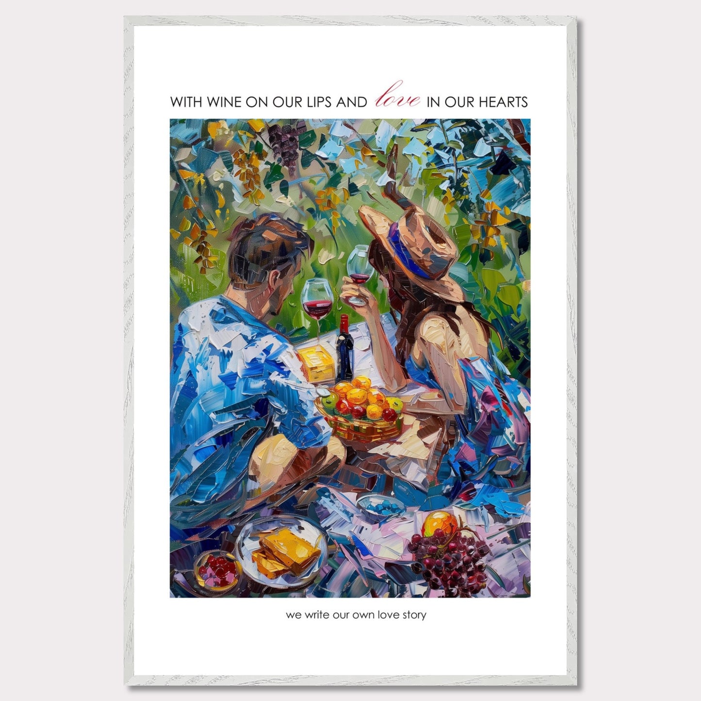 Couple on a summer picnic - Poster with a wooden frame