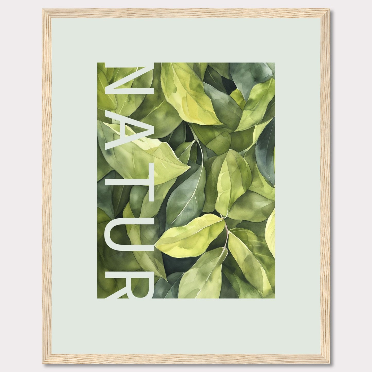 This beautiful framed artwork showcases a lush, green foliage design with the word "NATUR" elegantly integrated into the composition. The vibrant leaves create a refreshing and calming visual experience.