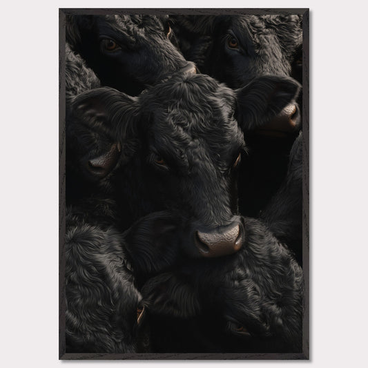 This captivating artwork features a close-up view of several black cows, their faces and textures intricately detailed. The image exudes a sense of unity and calmness among the animals.