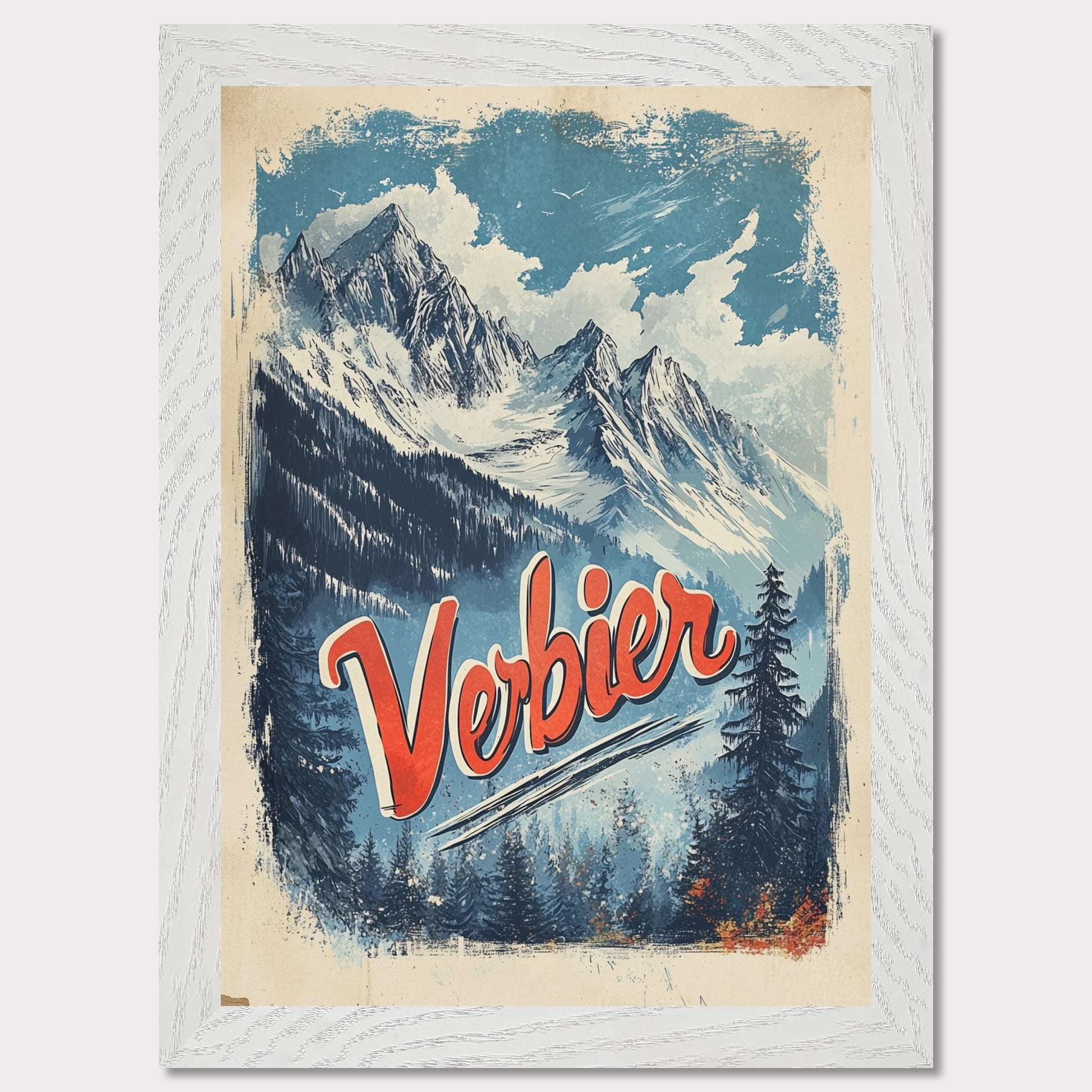 This striking vintage poster captures the breathtaking beauty of Verbier’s mountain peaks. With a bold orange and blue color palette, the image of towering snowy peaks framed by evergreen trees invites adventure and awe. The vintage typography emphasizes Verbier’s allure as a destination for both exploration and relaxation, making this an ideal representation of the Swiss Alps' majestic landscapes.