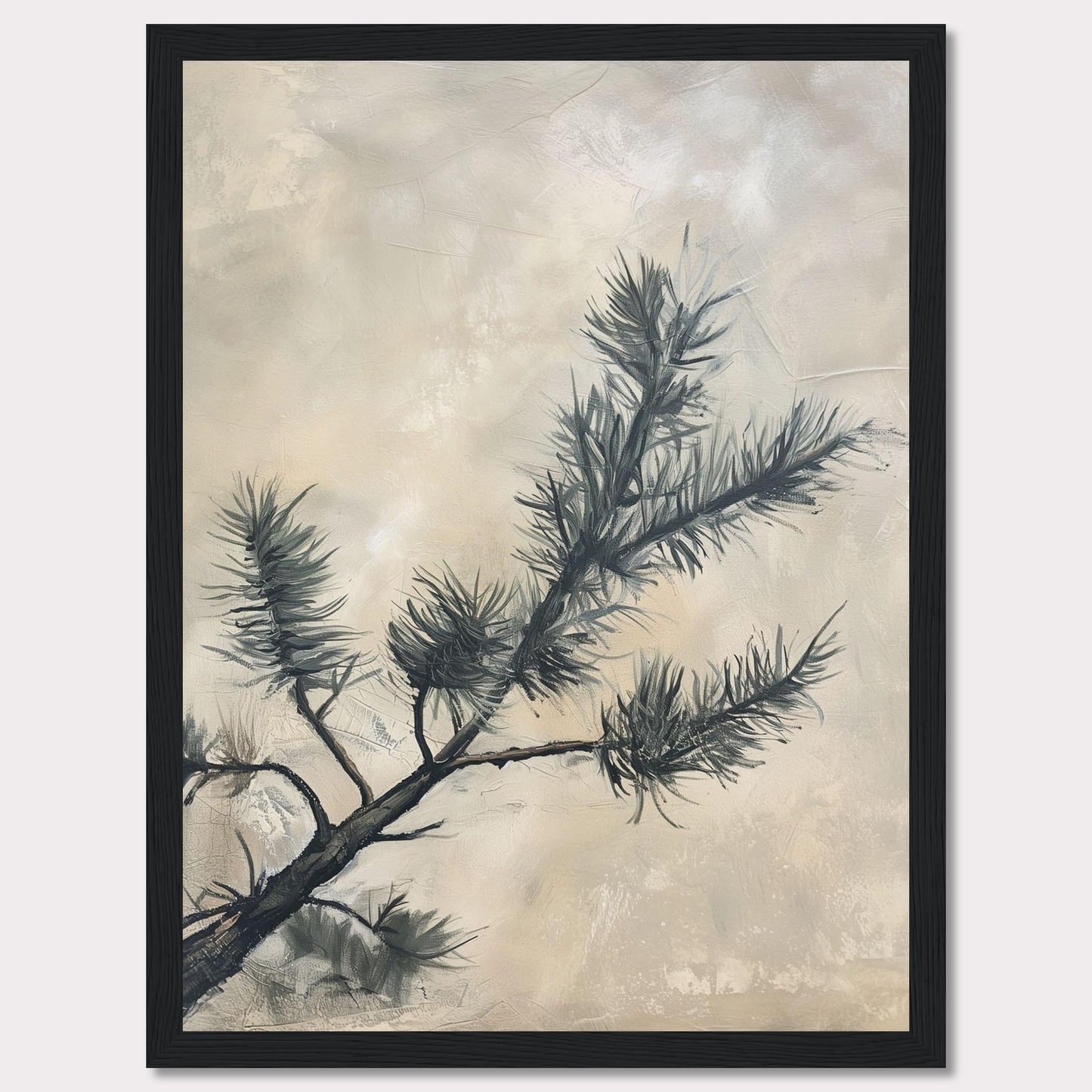 This elegant artwork features a delicate pine branch set against a soft, muted background. The painting captures the serene beauty of nature with its minimalist design and subtle color palette.