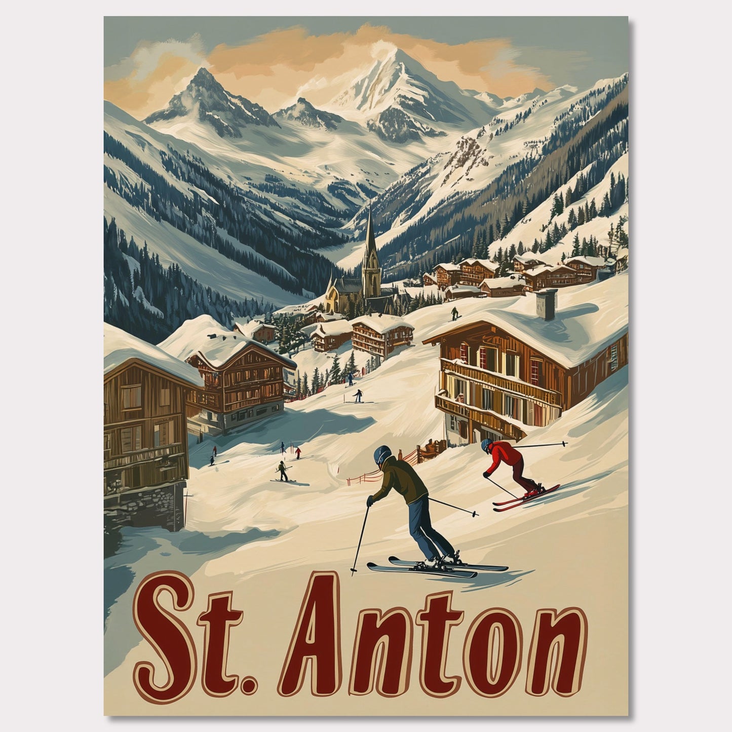 This captivating poster showcases the thrill of skiing in St. Anton, with a group of skiers carving through the fresh powder beneath the dramatic peaks of the Alps. The background features a picturesque village of wooden chalets nestled among the snow, while the rich retro colors and typography emphasize the adventurous spirit of St. Anton as a premier ski destination. The poster evokes both the excitement of the slopes and the warmth of alpine hospitality.