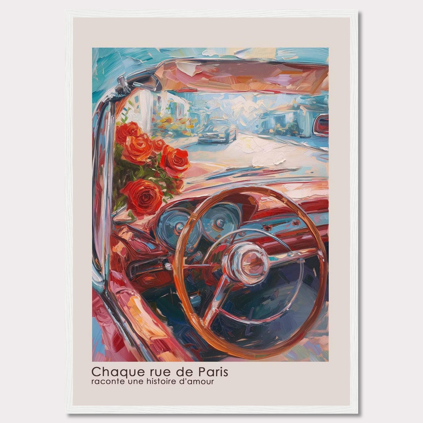 This vibrant painting captures the essence of a romantic drive through Paris. The artwork features a classic car's steering wheel, a bouquet of red roses, and a bright, bustling street scene in the background.