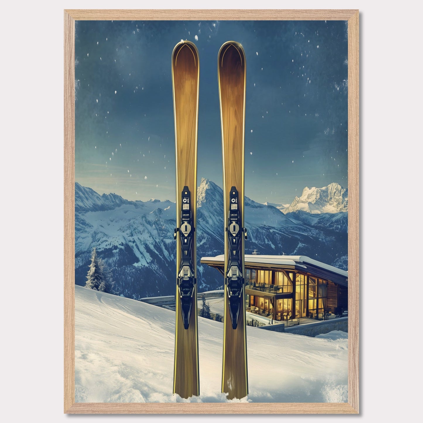 This elegant poster showcases the perfect blend of tradition and modernity in a snowy alpine escape. Two sleek skis stand proudly in the foreground, while a contemporary, glowing chalet nestled in the mountains provides a warm contrast to the frosty winter scene.