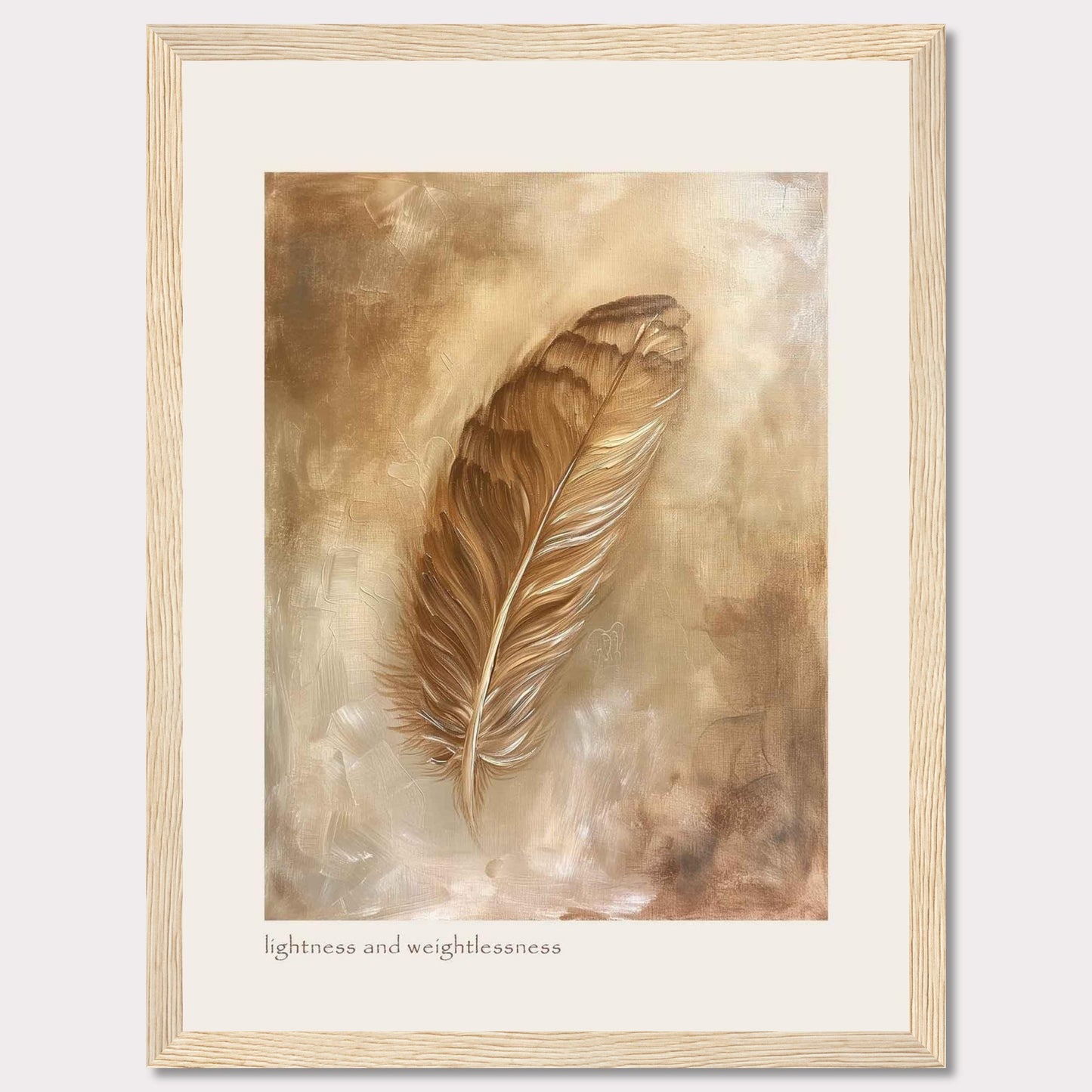 This image showcases a beautifully framed artwork featuring a single feather. The feather is depicted in warm, earthy tones, creating a sense of tranquility and elegance. The background consists of soft, abstract brushstrokes that enhance the delicate nature of the feather. At the bottom of the artwork, the phrase "lightness and weightlessness" is inscribed, adding to the ethereal feel of the piece.