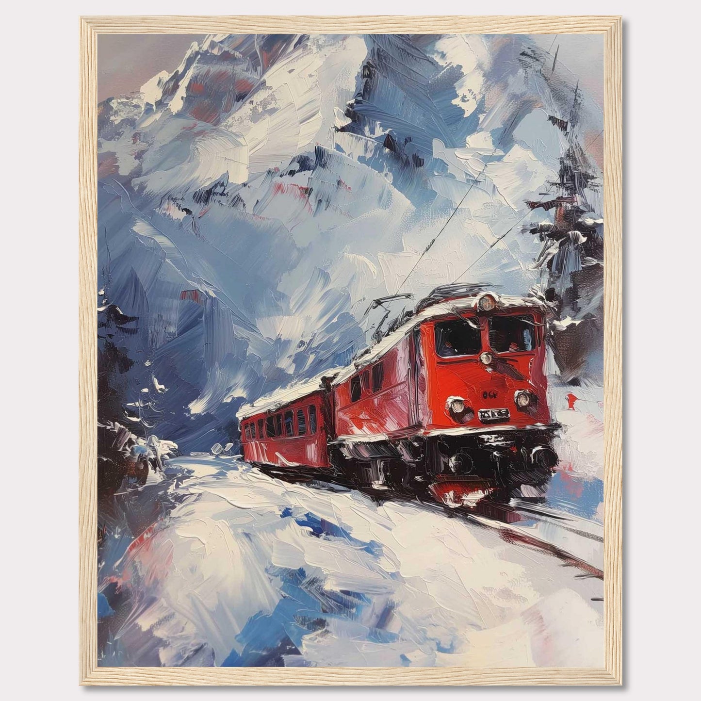 This stunning painting captures a vibrant red train journeying through a snowy mountain landscape. The dynamic brushstrokes convey the movement and energy of the scene, while the towering snow-covered peaks create a breathtaking backdrop.