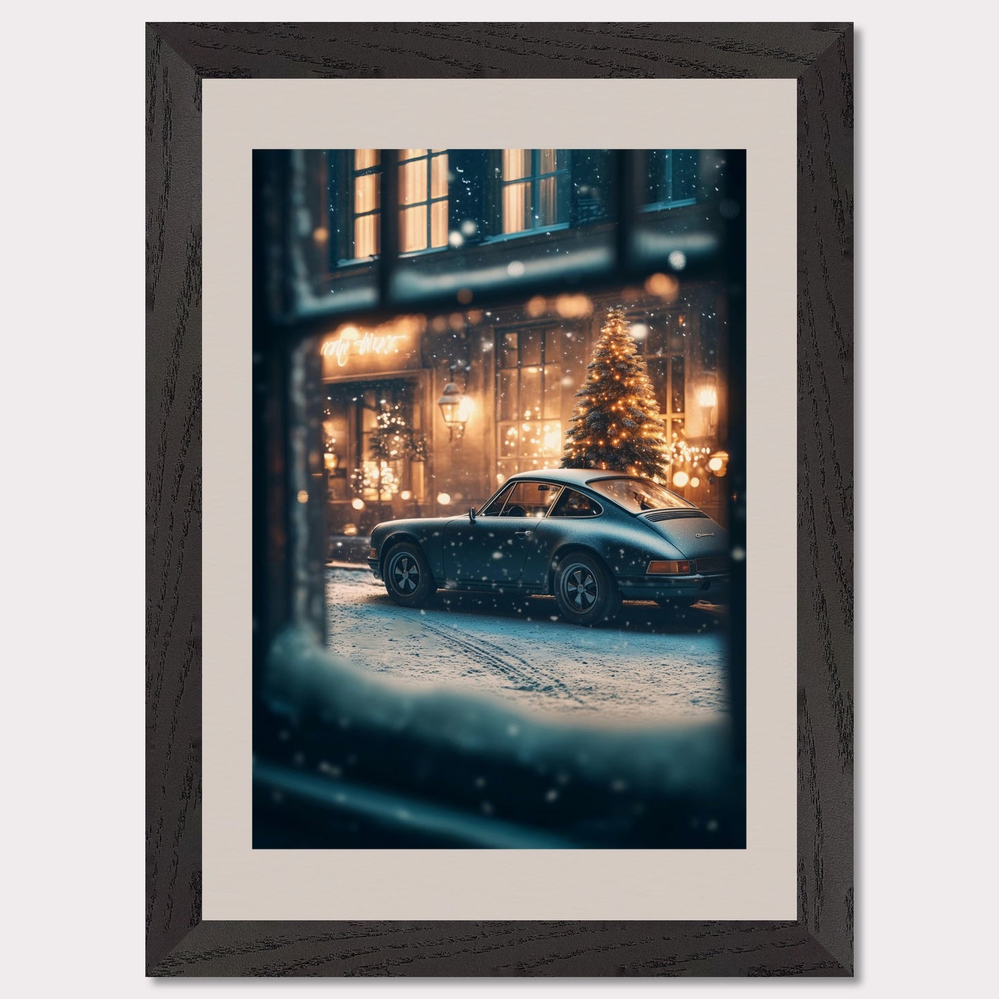 This cozy holiday poster captures a snowy Christmas evening, viewed through a frosty window. The glowing lights of a festive tree and a classic vintage car set the stage for a warm, nostalgic celebration. The snowflakes gently falling add magic to the enchanting alpine village atmosphere.