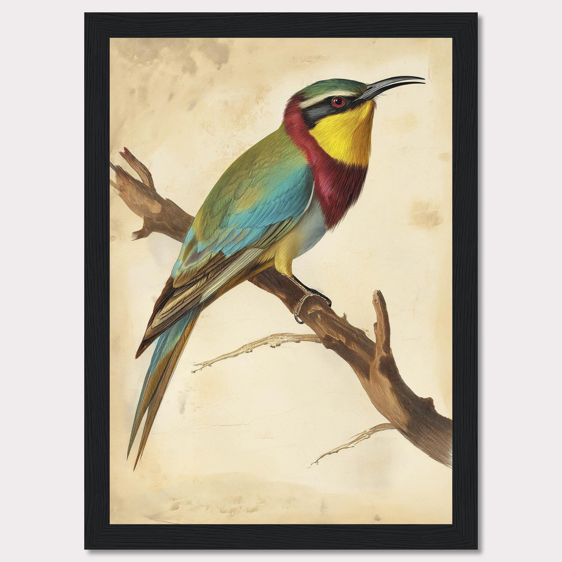 This captivating artwork features a vibrant bird perched on a branch, showcasing its colorful plumage. The background is a soft, muted beige that highlights the bird's bright hues. The bird's feathers display a stunning array of colors, including green, blue, yellow, and red. The piece is framed in a simple black frame that complements the artwork without detracting from it.