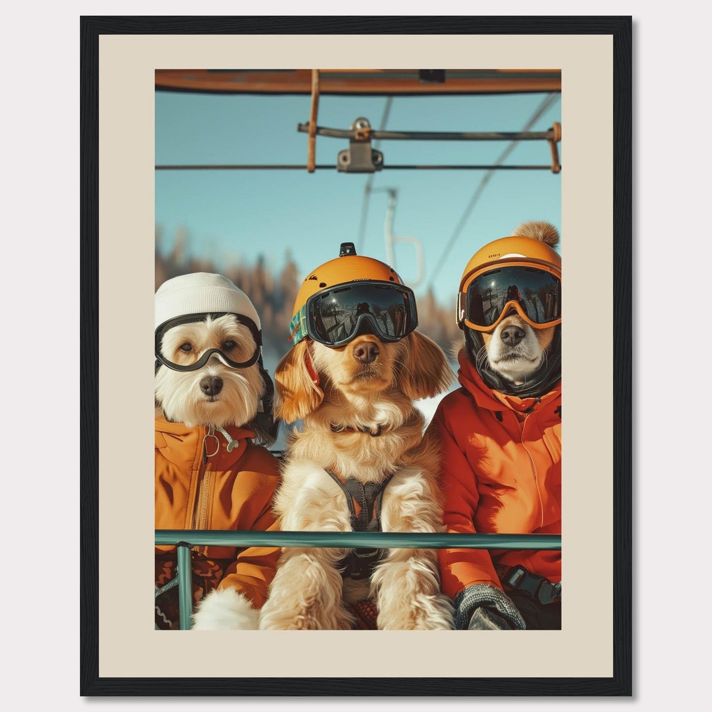 This charming photo features three adorable dogs dressed in winter gear, complete with helmets and goggles, enjoying a ride on a ski lift. The bright blue sky and snowy background add to the fun and adventurous atmosphere.