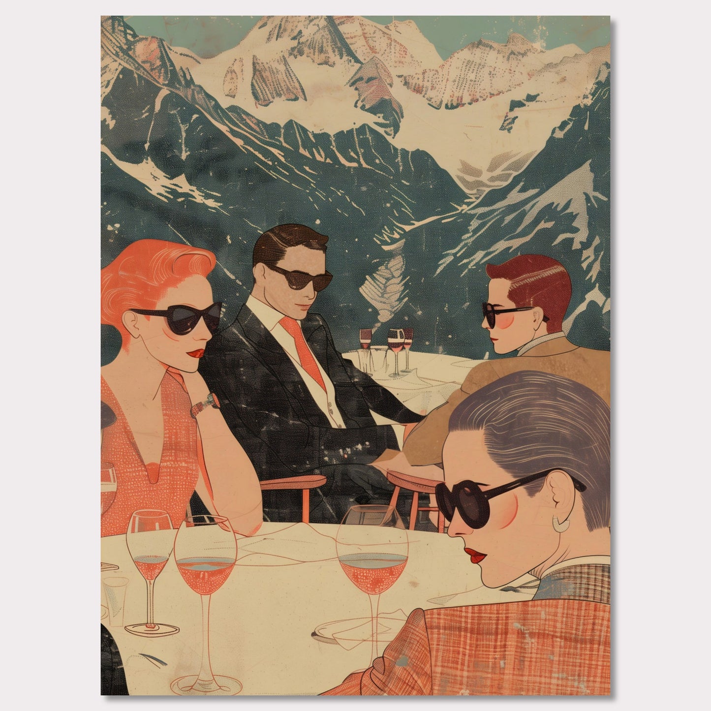 This captivating illustration depicts a stylish group of individuals enjoying a sophisticated gathering with a stunning mountain backdrop.  Four people wearing sunglasses Elegant attire Wine glasses on the table Snow-capped mountains in the background Serene outdoor setting