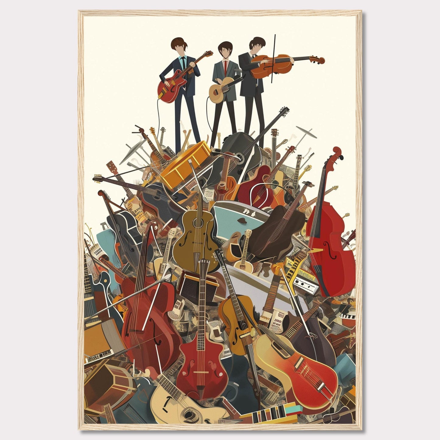 This vibrant illustration captures three musicians standing atop a towering pile of various musical instruments. The scene is filled with guitars, violins, cellos, drums, and more, creating a lively and energetic atmosphere.