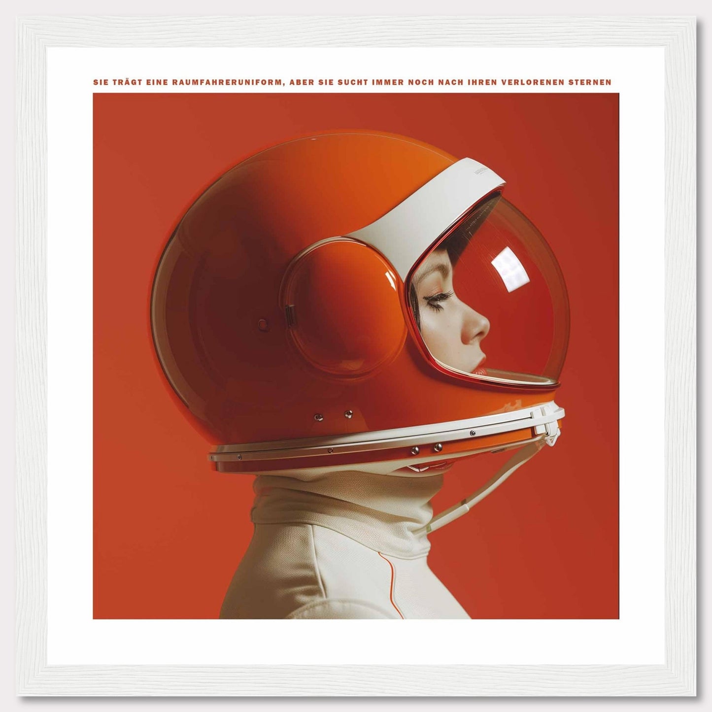 This striking image features a person wearing a vibrant orange astronaut helmet, set against a matching orange background. The profile view captures a sense of contemplation and exploration.