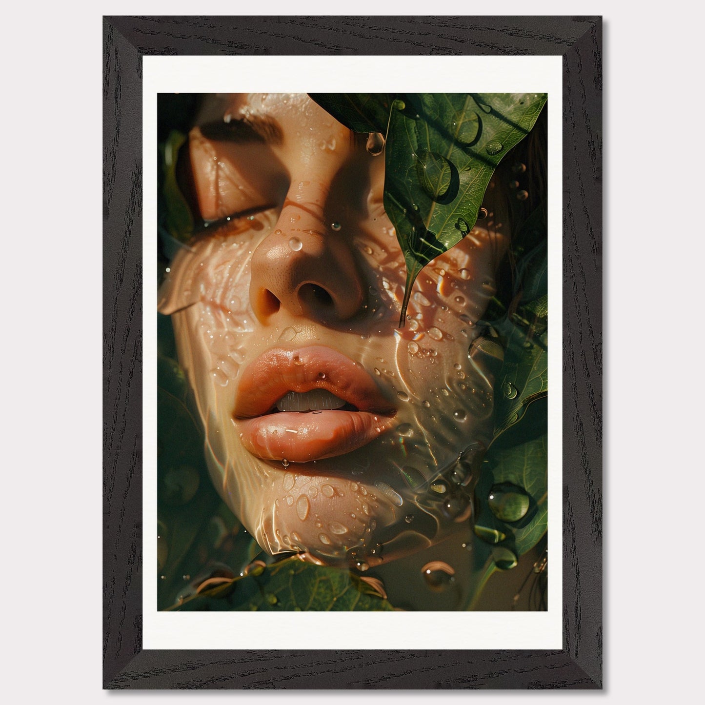 This is an artistic illustration depicting a close-up of a woman's face partially covered by leaves and water droplets.

This poster would fit well in a modern living room, bedroom, or office space, adding a touch of nature and surreal beauty to the decor.