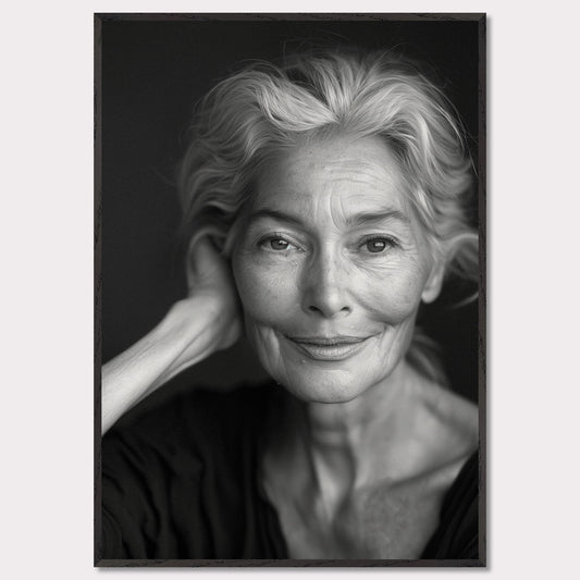 This black and white portrait captures the serene expression of an elderly woman. Her gentle smile and relaxed pose exude wisdom and tranquility, while the fine lines on her face tell a story of a life well-lived.