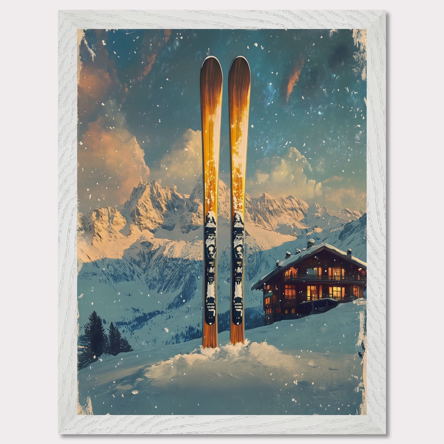 This enchanting poster portrays a serene winter scene with a skier gracefully gliding through untouched snow. The tranquil beauty of the snowy landscape, combined with the soft hues of a setting sun, creates an atmosphere of peace and connection with nature. The minimalistic style emphasizes simplicity and elegance.