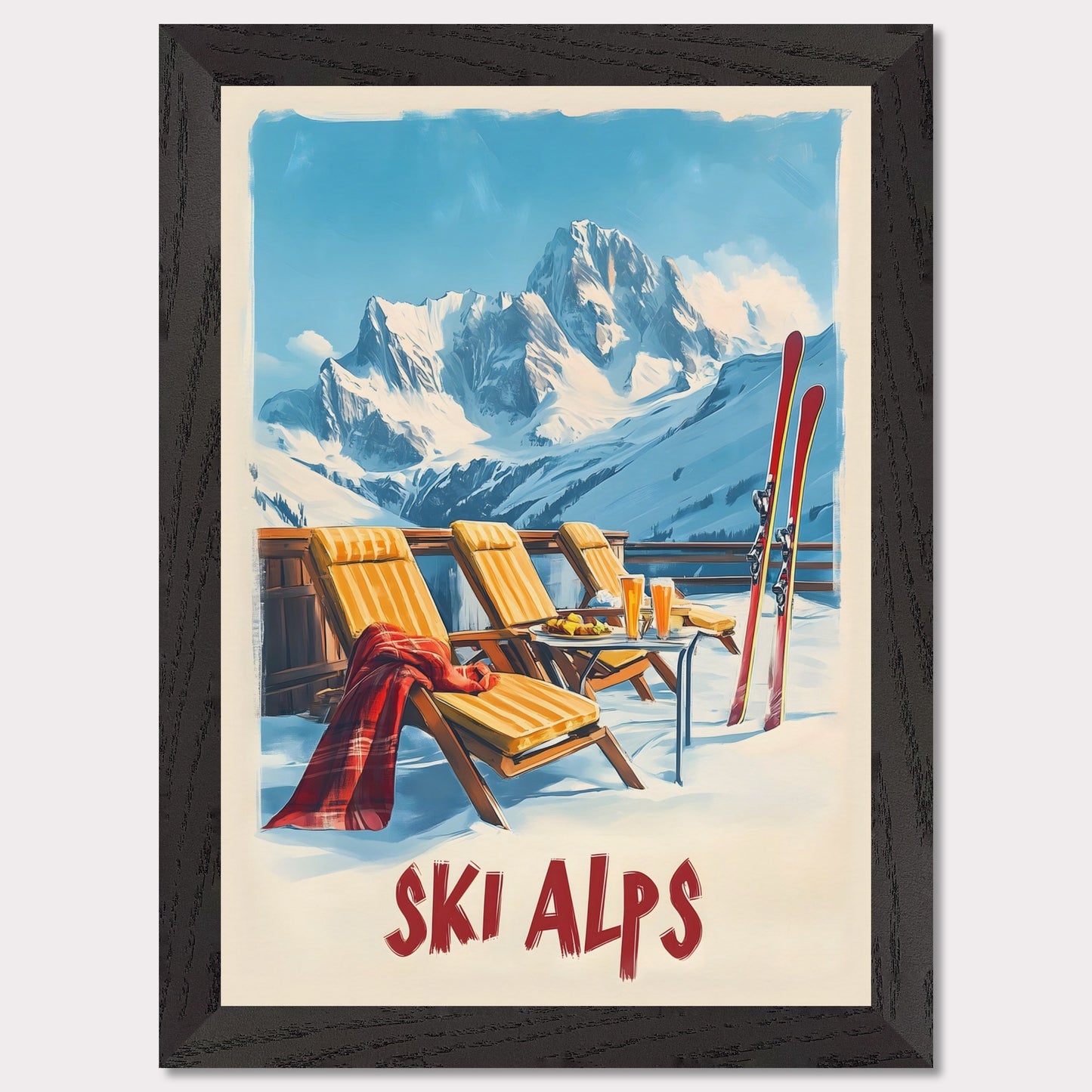 This vibrant poster captures the joy of a sunlit winter day in the Alps. Relaxation takes center stage with inviting lounge chairs draped in cozy blankets, complemented by refreshing beverages and a mountain backdrop that stretches into the clear blue sky.