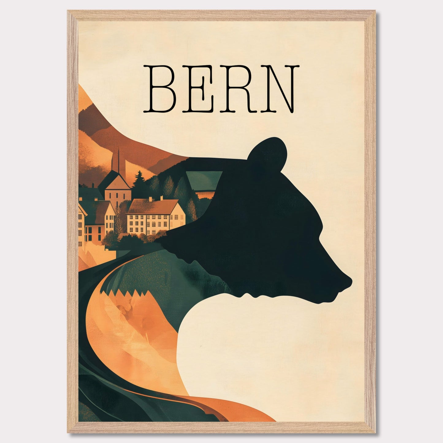 This minimalist travel poster captures the essence of Bern, Switzerland, with a flowing river winding through the city's historic heart. The design highlights the city's iconic medieval architecture, framed by the serene natural surroundings. The soft, muted tones evoke a sense of nostalgia and tranquility, making it a perfect representation of Bern’s timeless beauty.