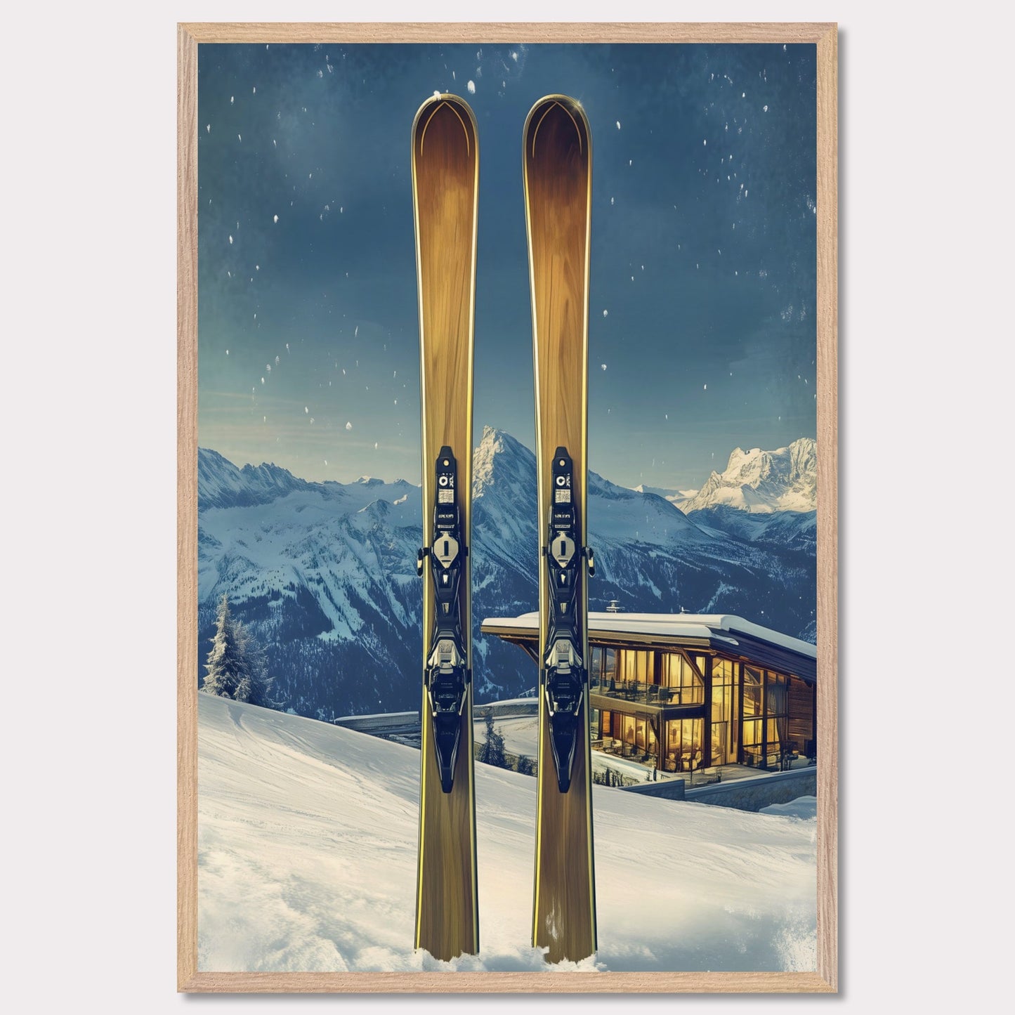 This elegant poster showcases the perfect blend of tradition and modernity in a snowy alpine escape. Two sleek skis stand proudly in the foreground, while a contemporary, glowing chalet nestled in the mountains provides a warm contrast to the frosty winter scene.