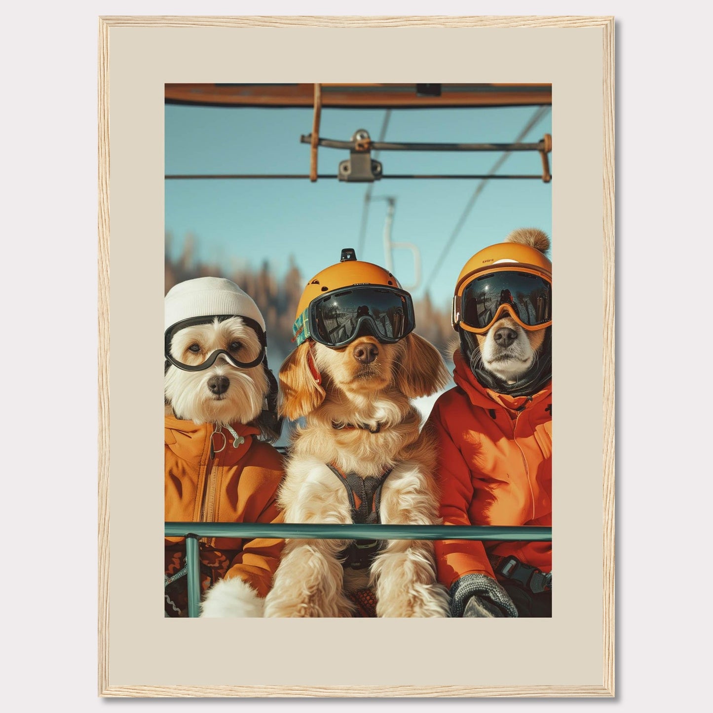 This charming photo features three adorable dogs dressed in winter gear, complete with helmets and goggles, enjoying a ride on a ski lift. The bright blue sky and snowy background add to the fun and adventurous atmosphere.