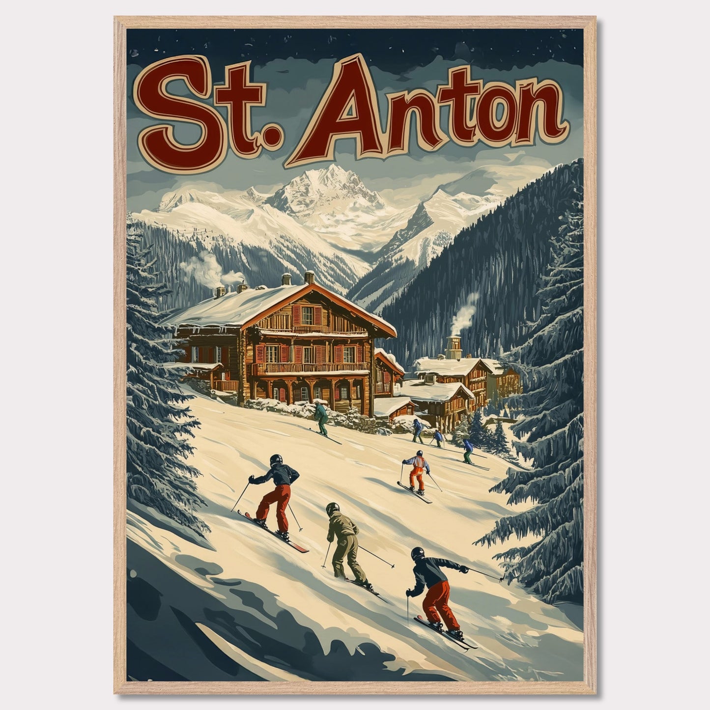 This minimalist yet striking poster captures the essence of St. Anton's alpine charm through its dynamic composition and vintage-inspired design. At the heart of the image is a group of skiers gracefully descending the snowy slopes, framed by towering evergreens and a cozy wooden chalet. The vibrant yet balanced color palette enhances the lively appeal, blending a sense of adventure and winter serenity.