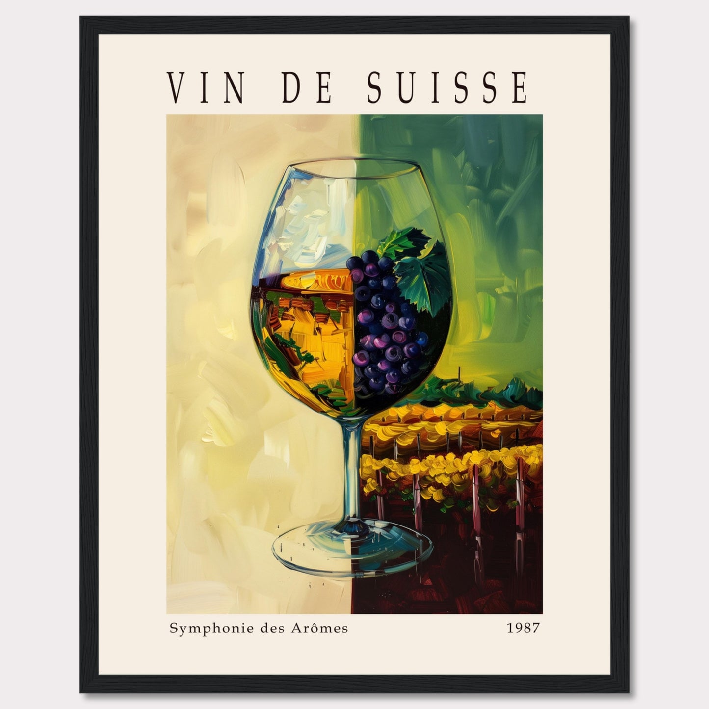 This vibrant poster showcases a wine glass filled with white wine, adorned with a cluster of purple grapes and green leaves. The background features a picturesque vineyard scene, split into two contrasting hues of yellow and green.