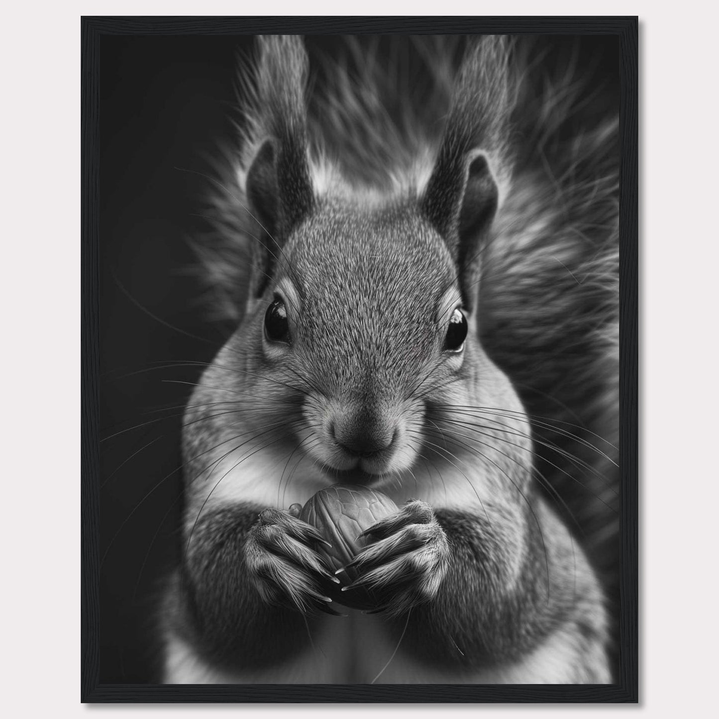 This captivating black and white photograph showcases a close-up of a squirrel holding a nut. The fine details of the squirrel's fur and the texture of the nut are beautifully highlighted, creating a striking contrast against the dark background. The squirrel's focused gaze adds an element of intensity to the image.