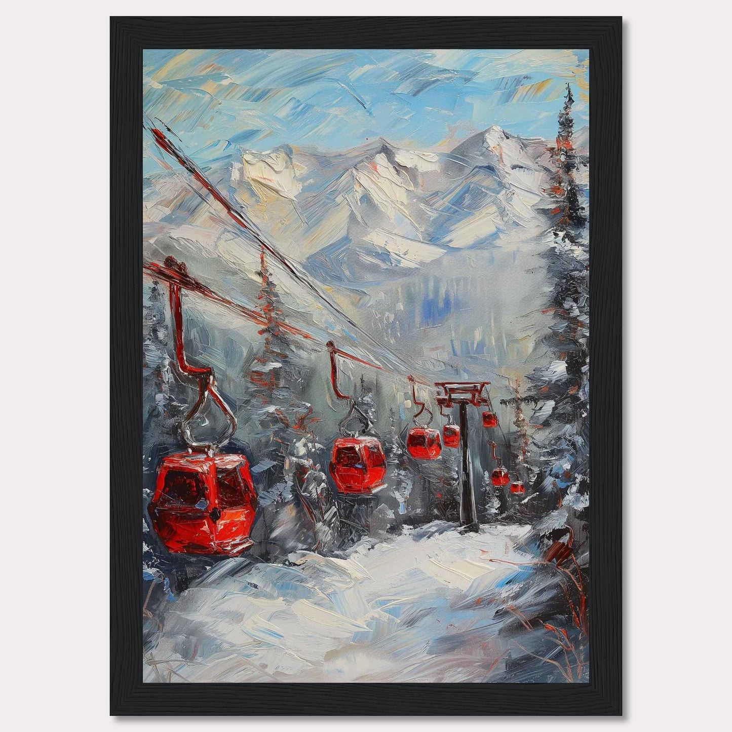 This captivating painting showcases a vibrant winter scene with red cable cars gliding through a snowy mountain landscape.