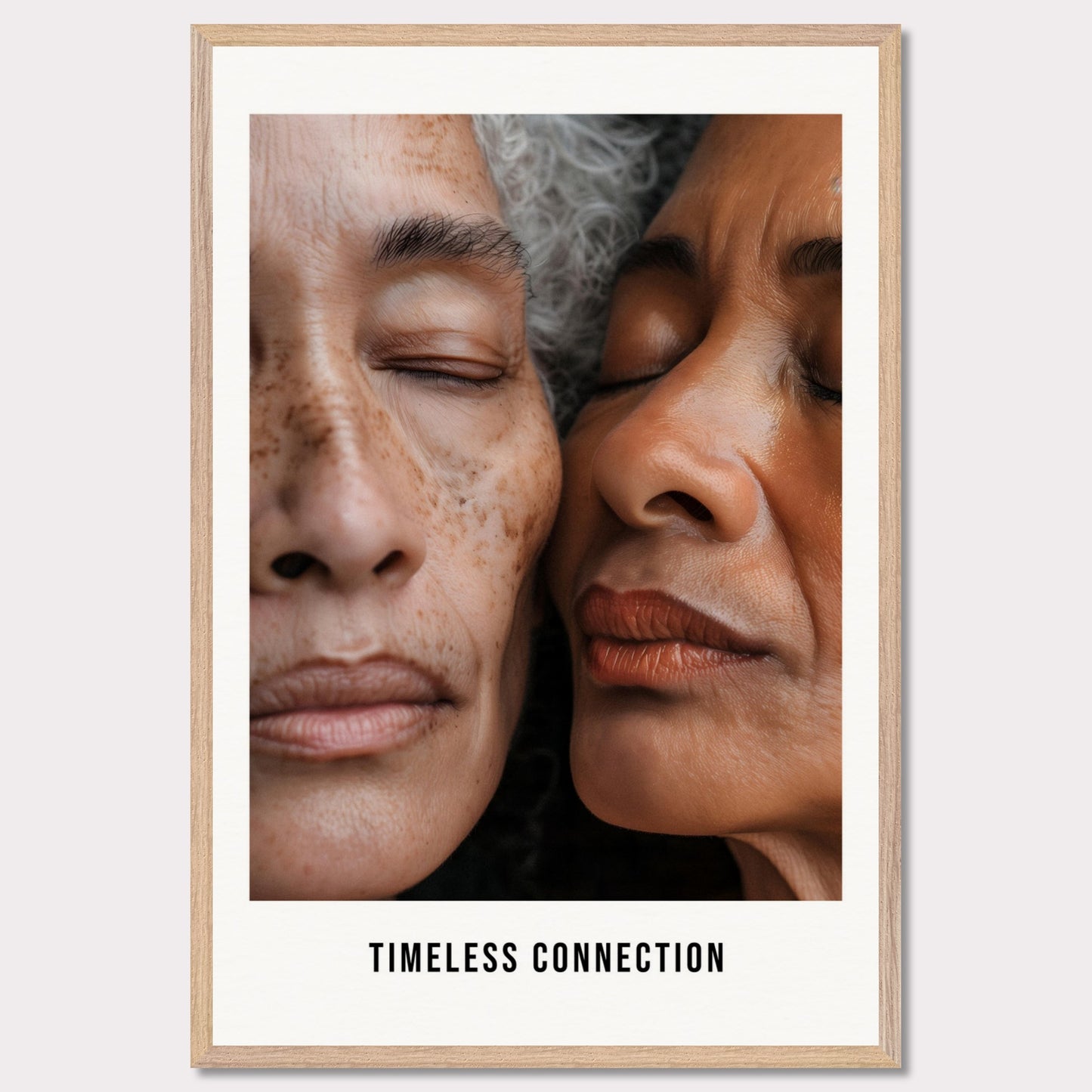 This illustration shows a close-up view of two elderly individuals with their eyes closed, conveying a sense of peace and connection. The text "TIMELESS CONNECTION" is displayed at the bottom.

This poster would fit well in a living room, bedroom, or any space meant for relaxation and reflection.