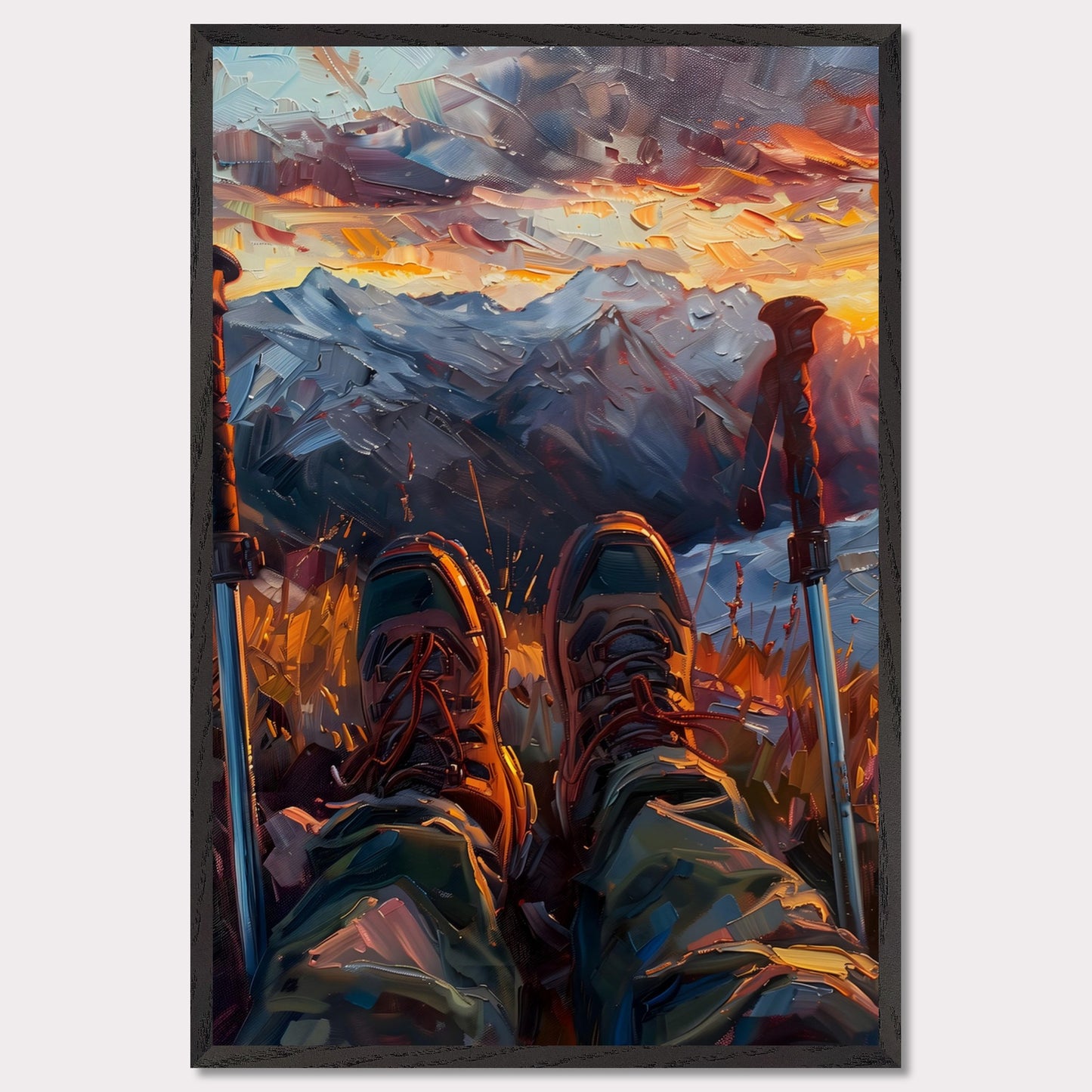 This illustration depicts a serene mountain landscape at sunset, viewed from the perspective of a hiker resting with their legs stretched out.