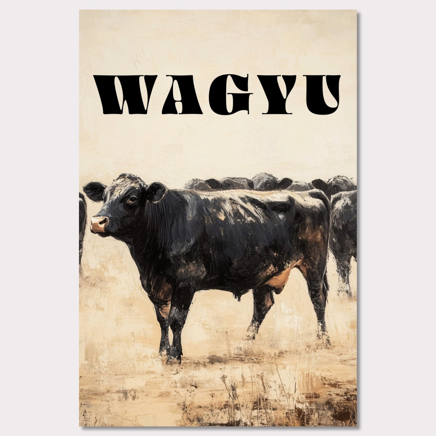 This captivating painting depicts a group of black cows standing together, evoking a sense of unity and strength. The textured brushstrokes and neutral background create a striking contrast, highlighting the animals' dark forms.